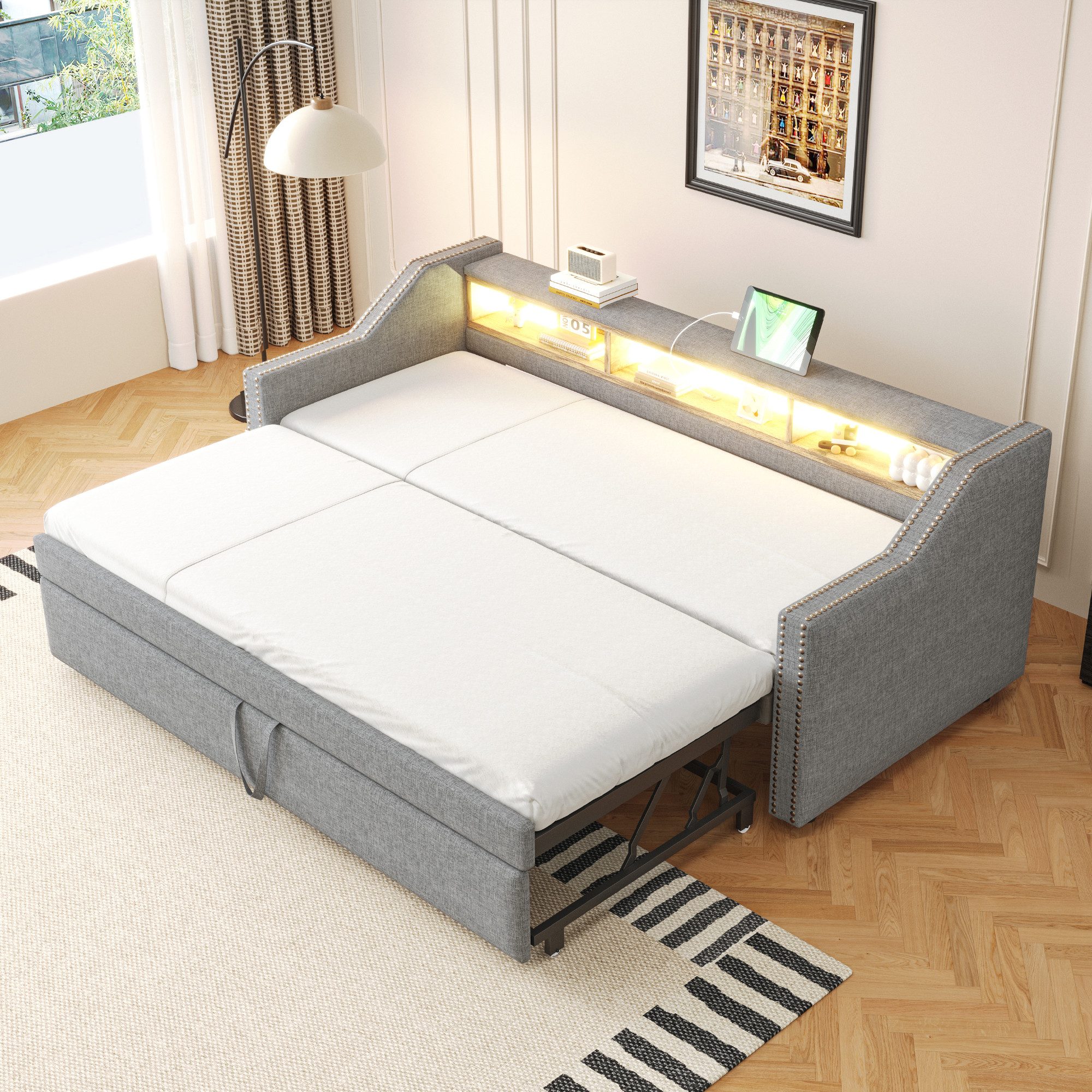 OKWISH Schlafsofa Polsterbett,mit USB-Anschluss, LED-Beleuchtung, Polsterbe günstig online kaufen
