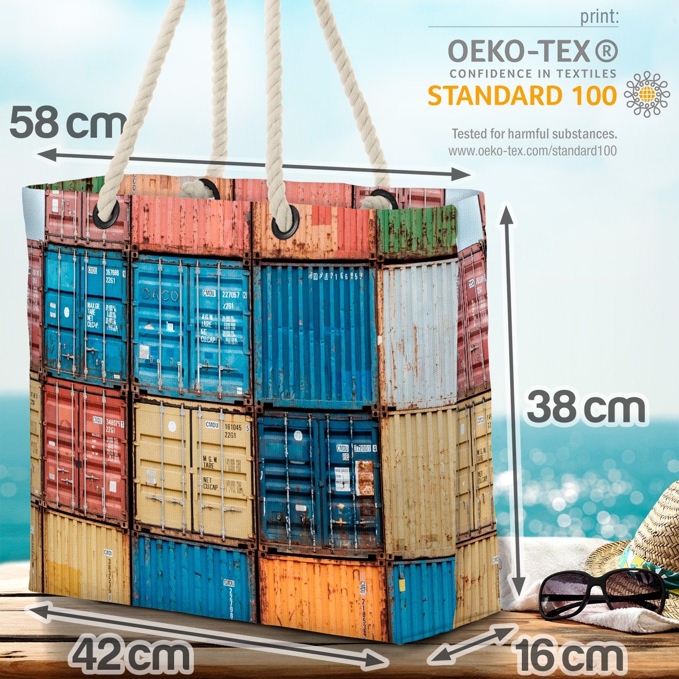 VOID Strandtasche (1-tlg), Container Hafen Schiffscontainer Fracht Bunt Hafen Container Bunt See