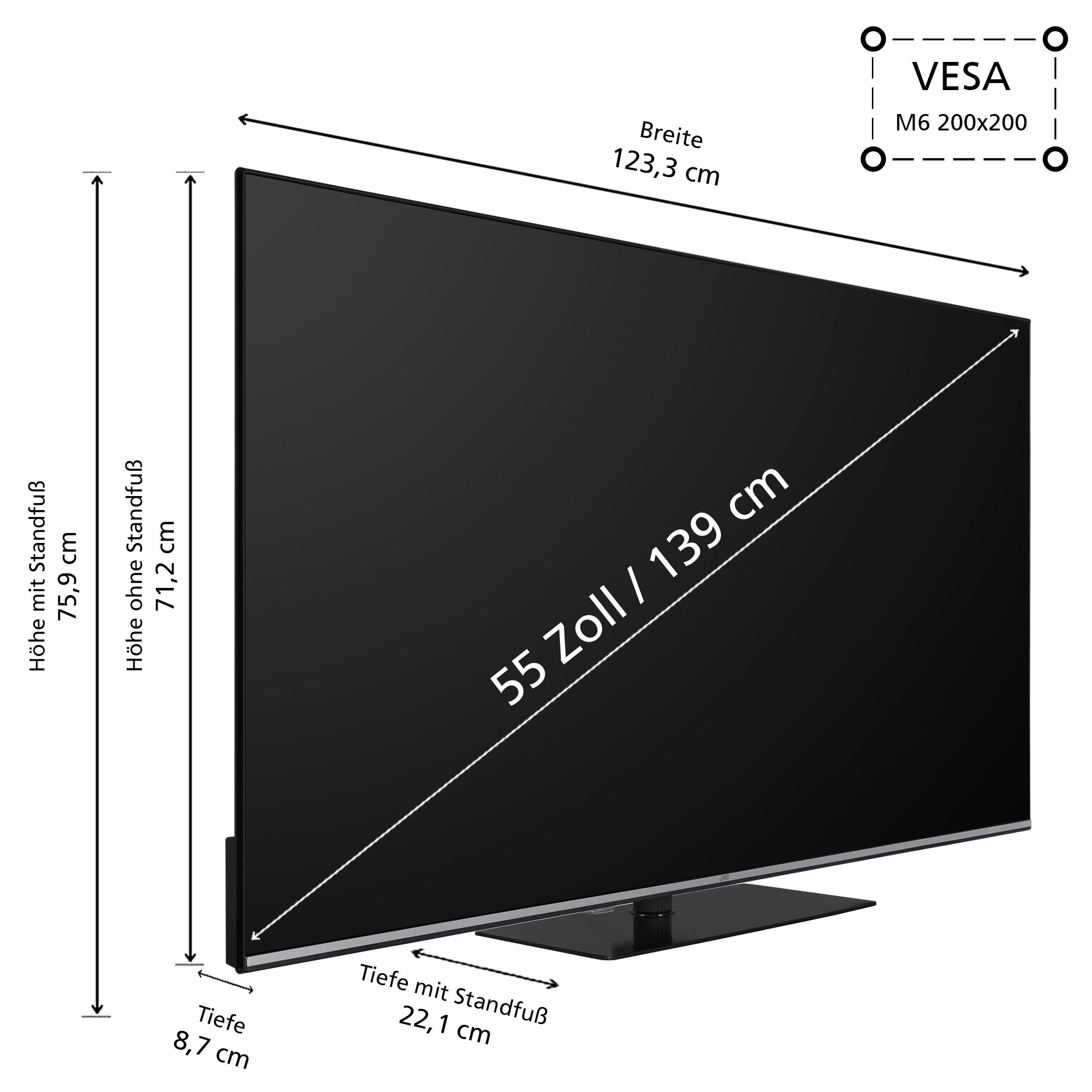 JVC LT-55VDQ6555 QLED-Fernseher (139 cm/55 Zoll, 4K Ultra HD, VIDAA Smart TV, VIDAA Smart TV, HDR Dolby Vision, Triple-Tuner, 6 Monate HD)