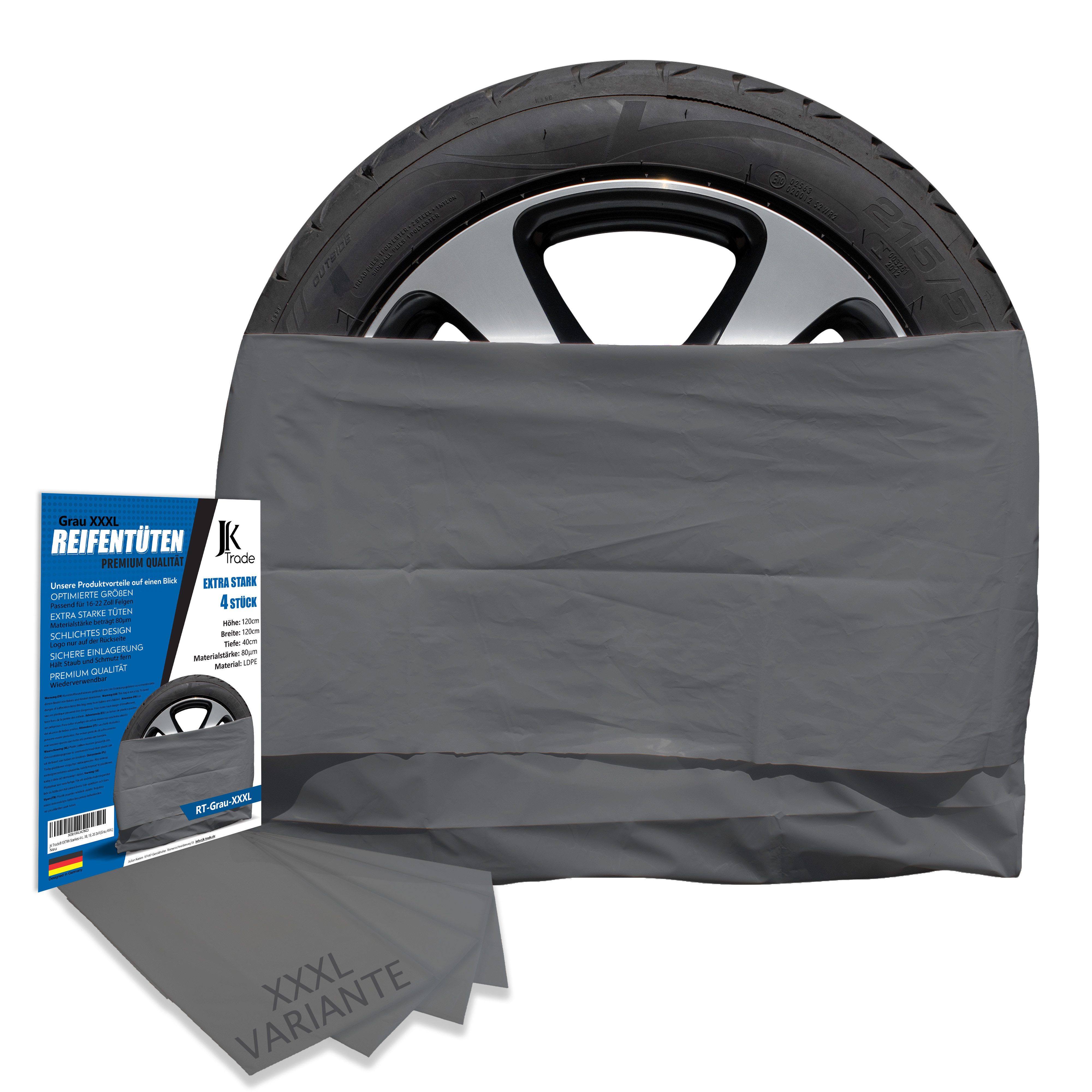 JK Trade Reifentasche - Reifentüten extra stabil, Felgentasche (4´er Pack, Schwarz, Weiß, Grau), hochwertiger LDPE-Kunststoff, Reifensäcke für Sommer- & Winterreifen