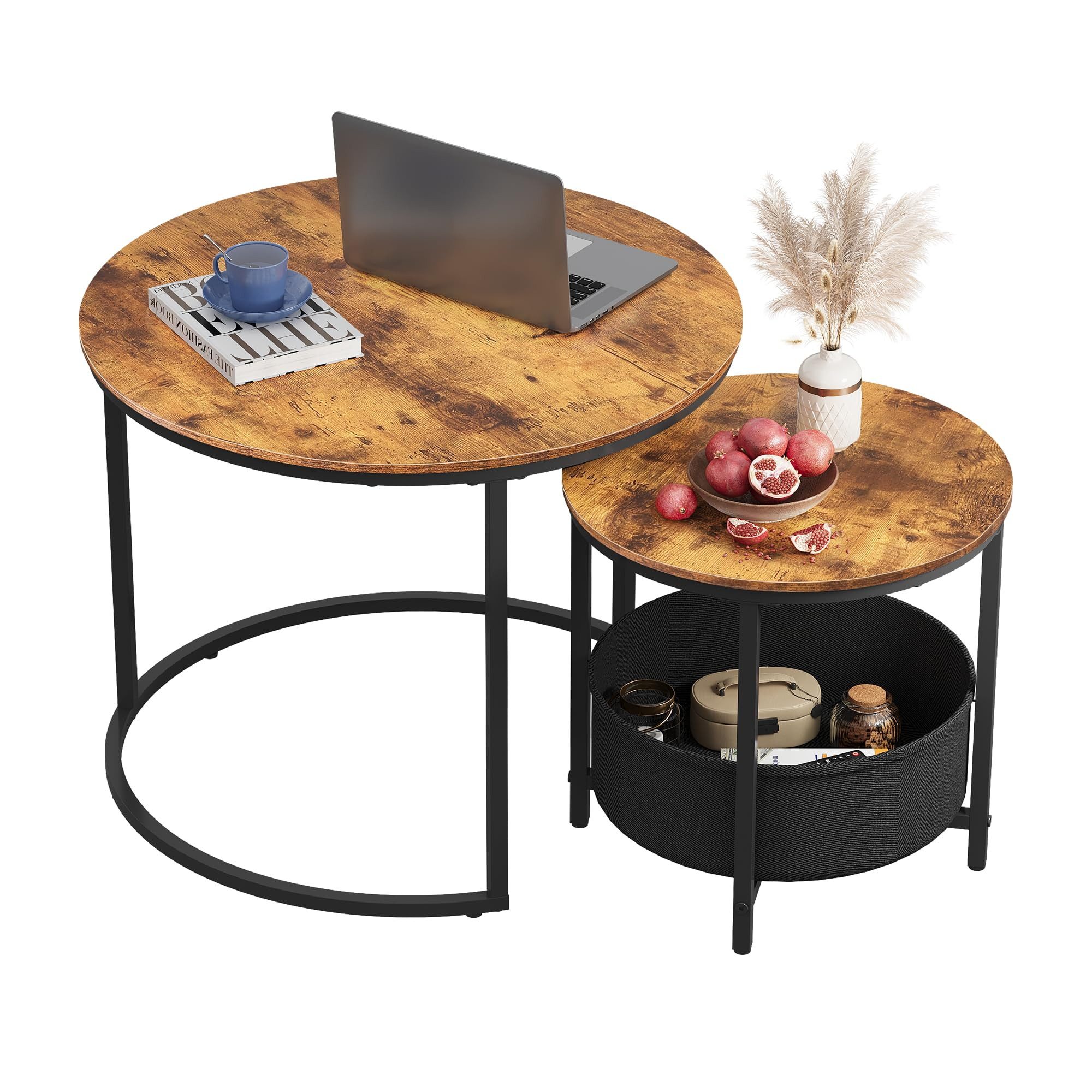 WLIVE Couchtisch Couchtisch 2er‑Satztisch rund mit Stauraum, (Beistelltisch mit Stoffkorb & Metallgestell, Holzoptik, 2er Set), 2 in 1 Verschachtelung