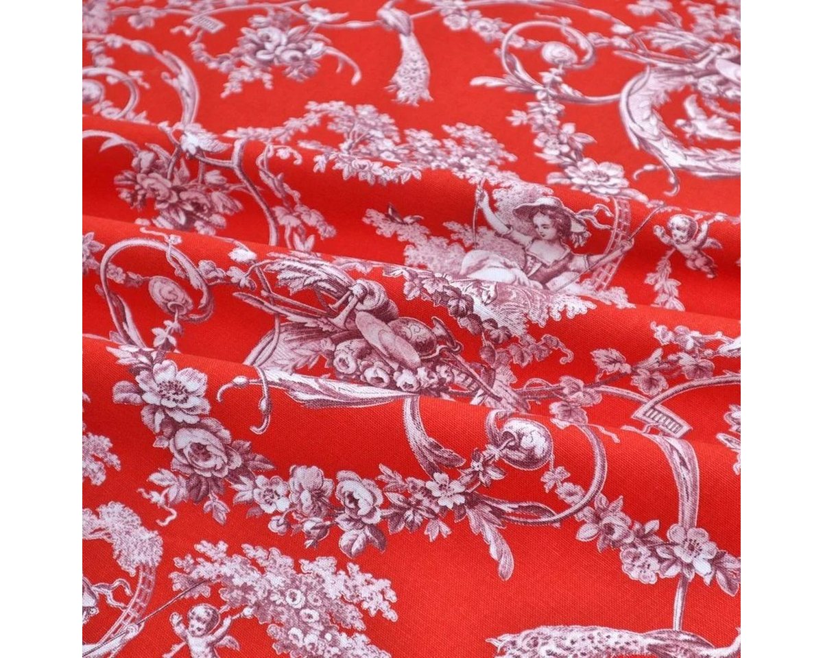 Thumbnail - Stofferia Stoff Dekostoff Toile de Jouy Ludivine Bordeaux Fond Rouge, Breite 280 cm, Meterware