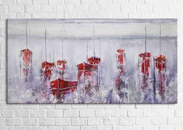 YS-Art Gemälde Stiller Hafen, Landschaft, Leinwand Bild Handgemalt Segelboote Meer Rot Blau Hafen