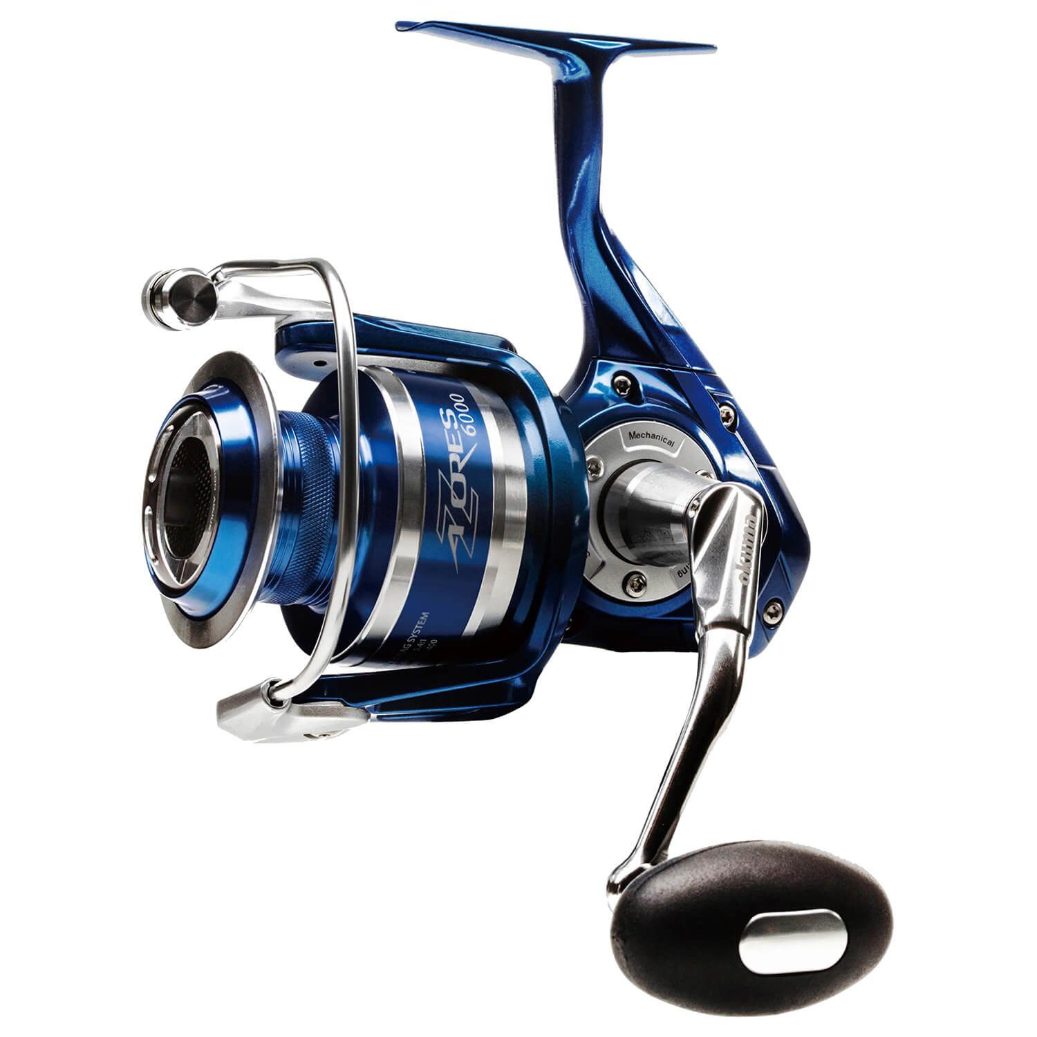 Okuma Fishing Spinnrolle Okuma Azores Blau Salzwasser Spinnrolle), Übersetzung 5.8:1, Dual Force Drag System, Bremse exakt justierbar über Klick-Einstellung, Multi-disc, Carbonite und Filz Bremsscheiben bei DFD, Quick-Set Anti-Reverse-Walzenlager und Ratschensystem, Dual-Anti-Reverse-System für maximale Stabilität und Zuverlässigkeit, Korrosionsbeständige Beschichtung, Korrosionsbeständiges robustes Getriebe, Körper, Seitenplatten und Rotor aus Aluminium Druckguss, Spule aus 2-farbig eloxiertem Aluminium, Hydro Block System, Schnur-Kontrollsystem auf der Spule für besseres Werfen