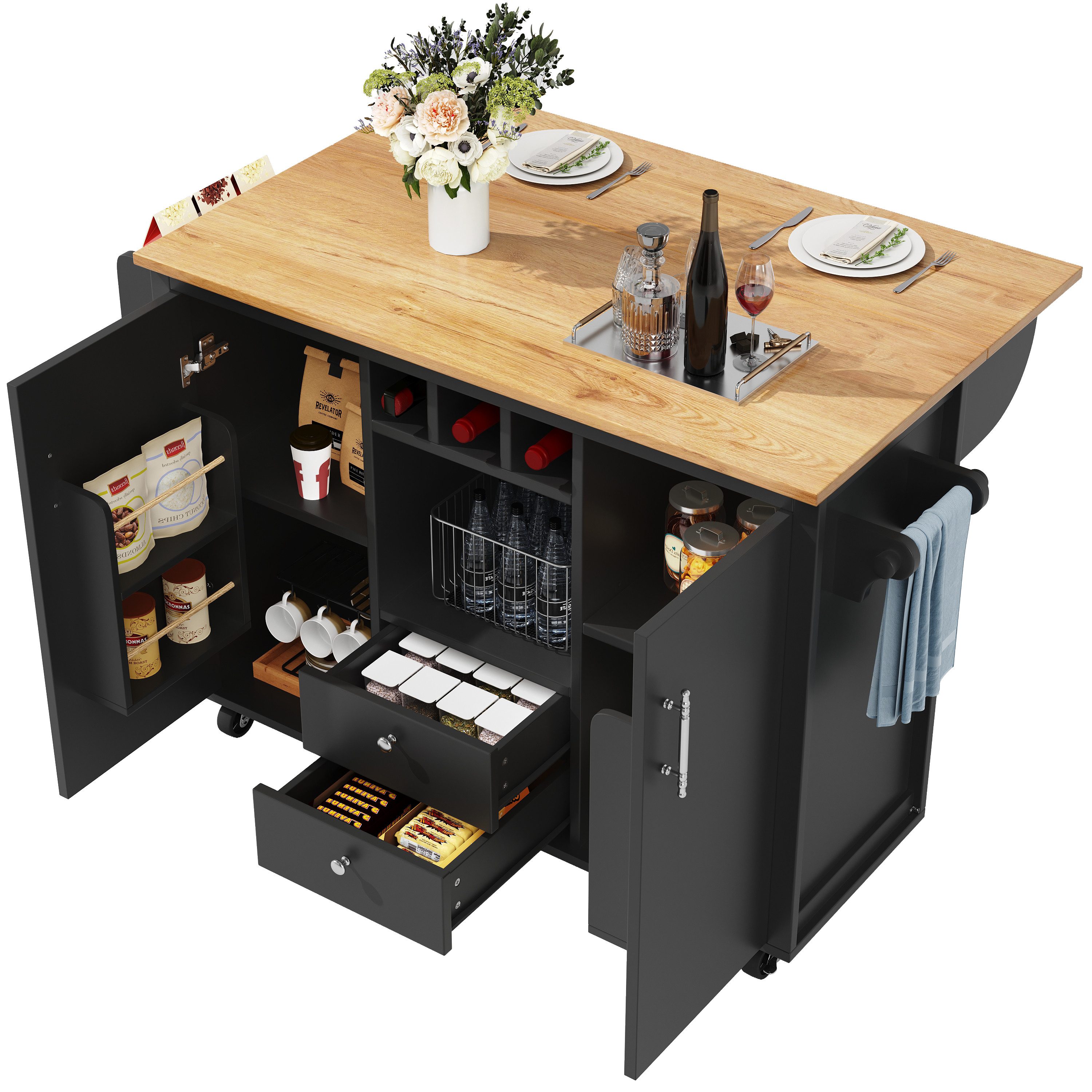i@home Küchenwagen Kücheninsel, Buffetschrank,Küchenschrank, mit Handtuchhalter und Mehrzweckregal, weiß/schwarz