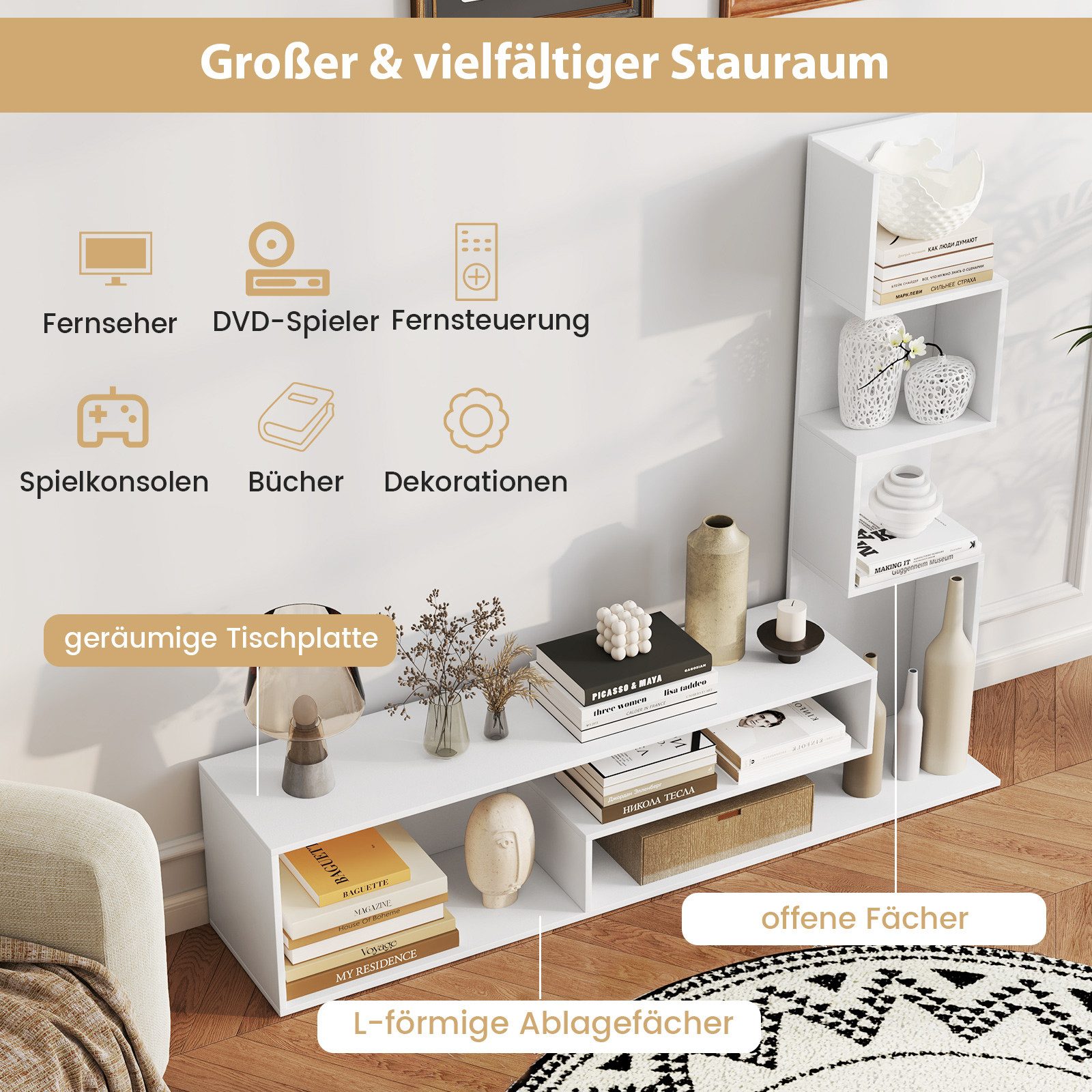 COSTWAY TV-Schrank mit L-förmigen Ablagen & Fächern, bis zu 50 Zoll