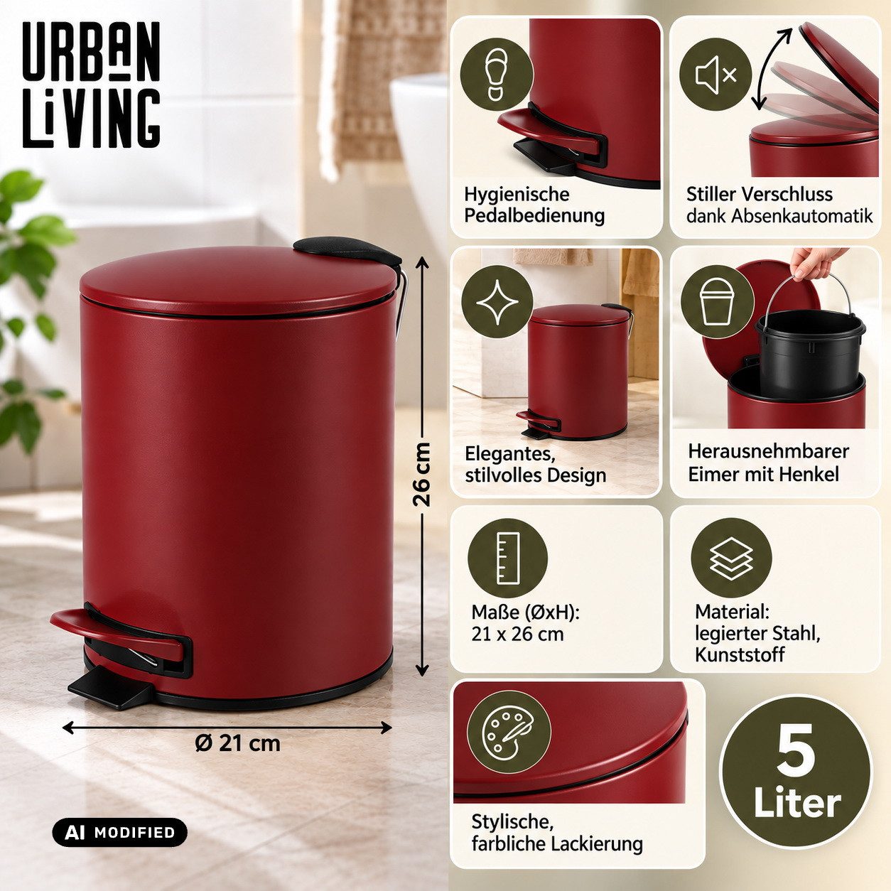 Urban Living Kosmetikeimer 5 Liter Badeimer Tret-Mülleimer Abfalleimer Tretpedeal Tretmülleimer, Absenkautomatik, Hygienische Pedalbedienung – Bild 2 von 4