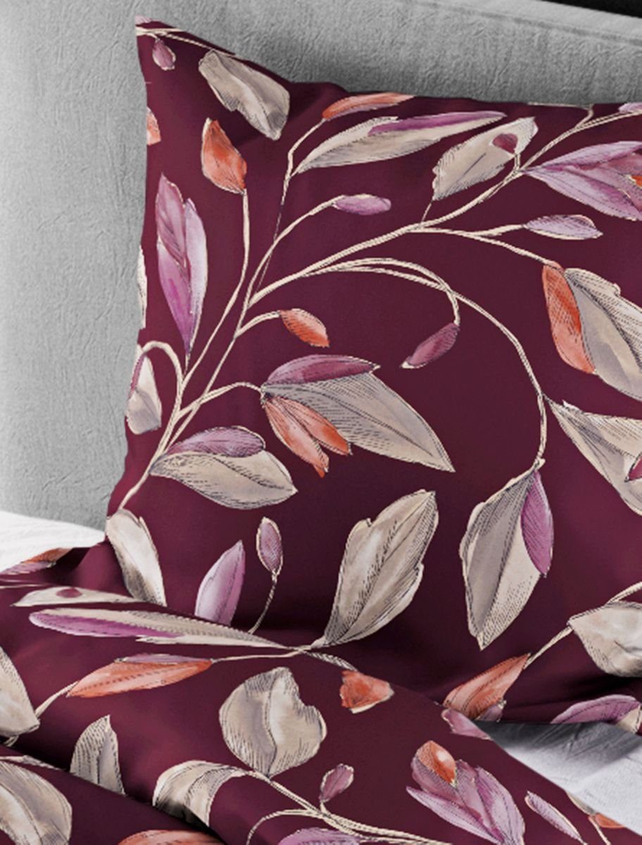BIERBAUM Bettwäsche 135x200cm Blätter Blatt Grün Bordeaux, Biber, 2 teilig, günstig online kaufen