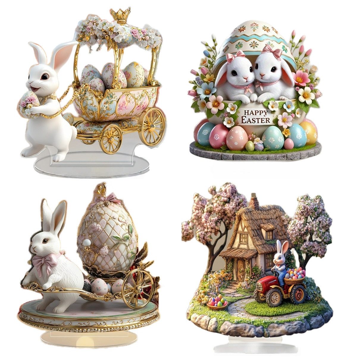 FOUORTUNATE-BEE Dekofigur Osterdeko aus Acryl – Hasen & Eier Tischdeko modern (4 St), Acryl Osterfiguren Hase & Osterei für Tisch und Wohnzimmer