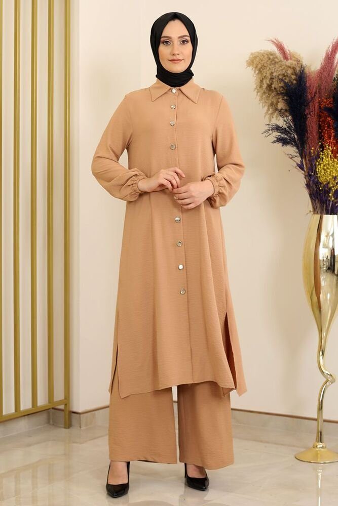 Modavitrini Longtunika Damen Anzug Zweiteiler Lange Tunika mit Hose Hijab Kleidung Knöpfe, Aerobin Stoff Beige