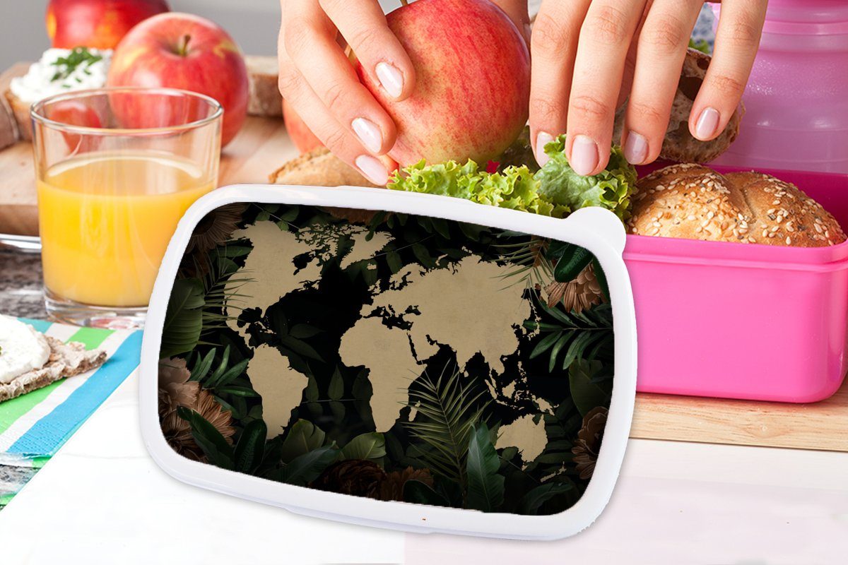 Kunststoff für Tropische - Mädchen, Blätter (2-tlg), Snackbox, Lunchbox Pflanzen, - rosa Erwachsene, MuchoWow Kinder, Kunststoff, Brotbox Brotdose Weltkarte