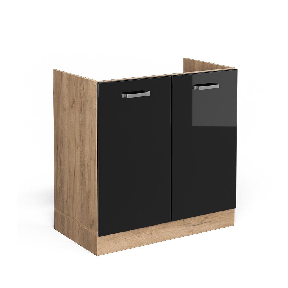 Livinity® Spülenunterschrank R-Line, Schwarz Hochglanz/Goldkraft Eiche, 80 cm, AP Anthrazit