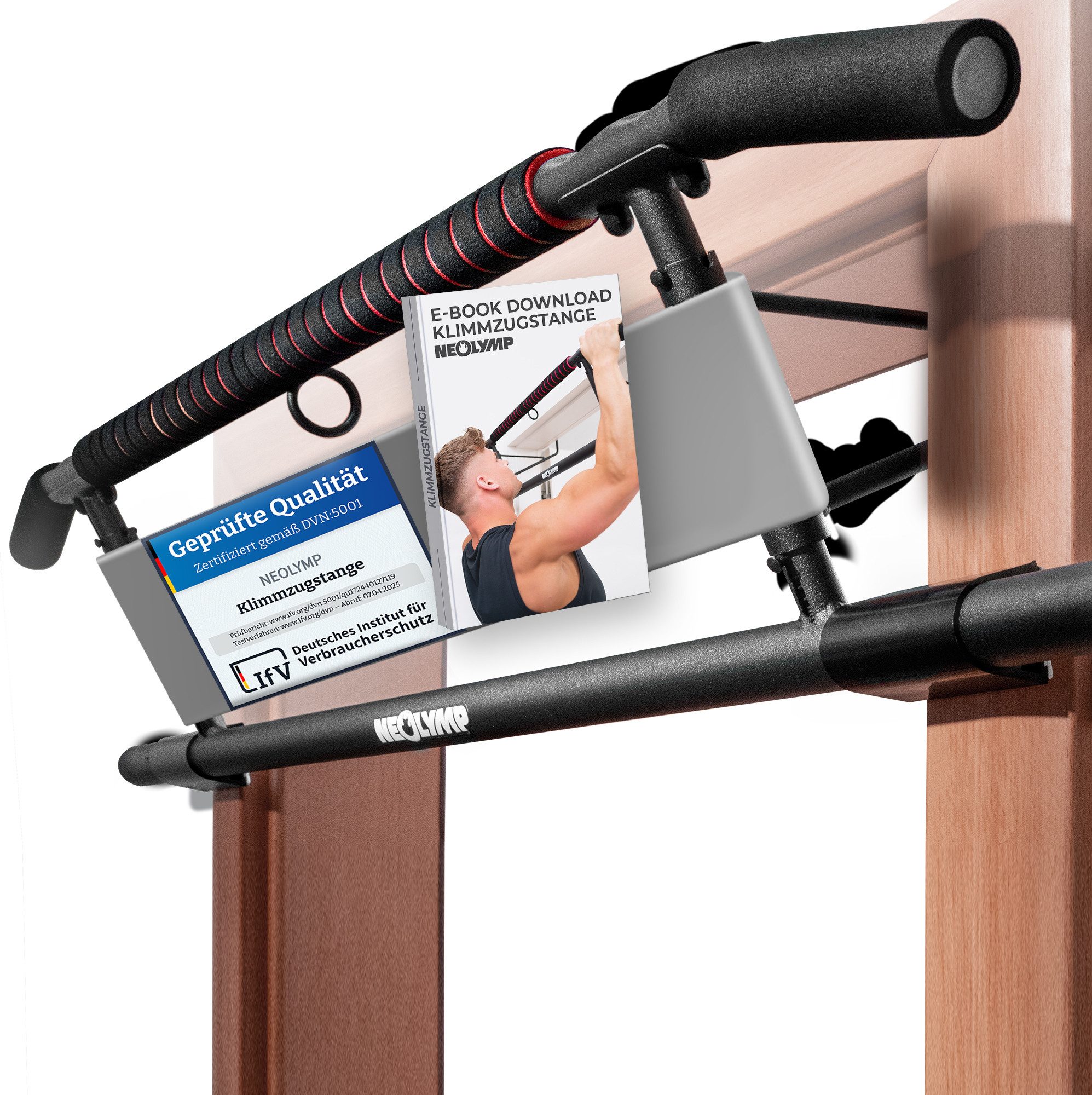 NEOLYMP Klimmzugstange Klimmzugstange Türrahmen - Ohne Schrauben - Pull up Bar - Klimmzüge (Klimmzugstange inkl. E-Book Set, Klimmzugstange Türe - Stärkt die Oberkörpermuskulatur mit Pull-Ups), Massive Stahlkonstruktion, Rutschsicher - Bis 300kg - Fitnessgerät
