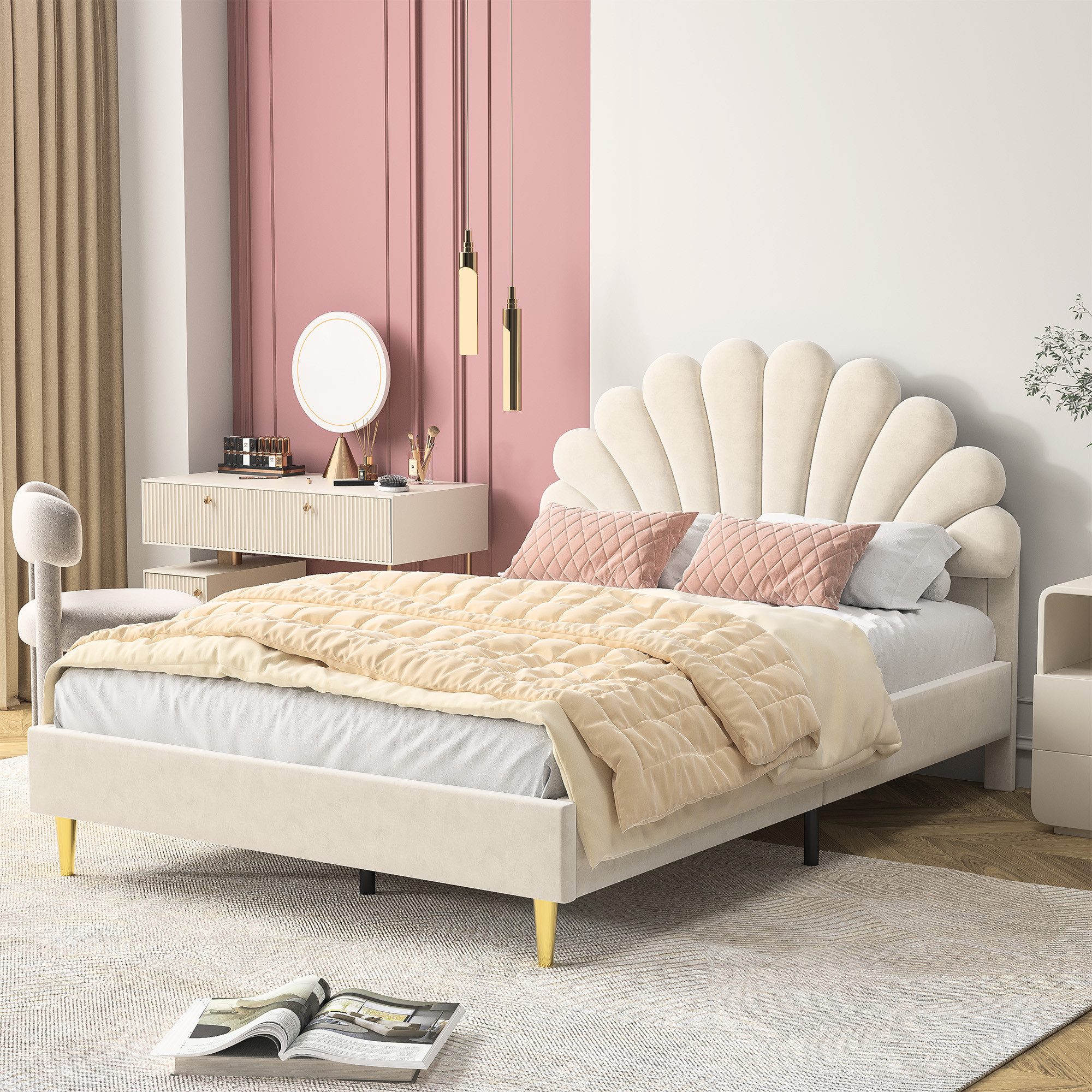 PXloue Polsterbett Doppelbett Jugendbett 140x200cm, mit Muschel-Kopfteil,Ei günstig online kaufen