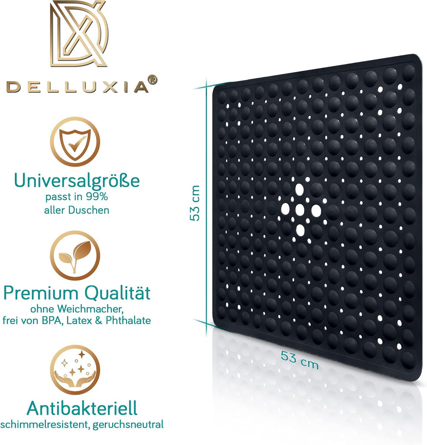 Delluxia Duscheinlage Duschmatte rutschfest speziell für Erwachsene, B: 53 cm, L: 53 cm, inkl. Aufhängung, geruchsfrei, schimmelfrei, ohne Weichmacher