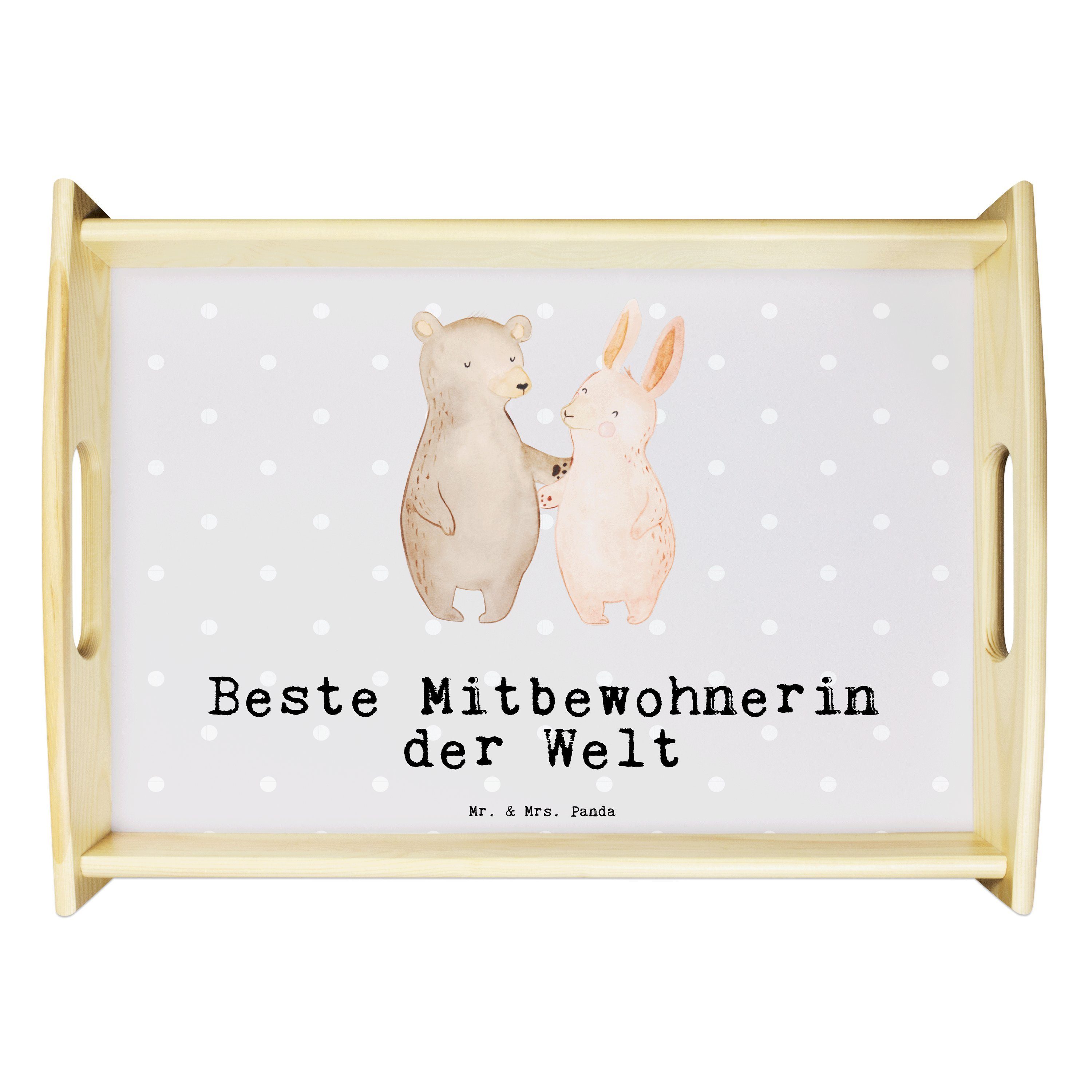 Mr. & Mrs. Panda Tablett Hase Beste Mitbewohnerin der Welt - Grau Pastell - Geschenk, Holztabl, Echtholz lasiert, (1-tlg)