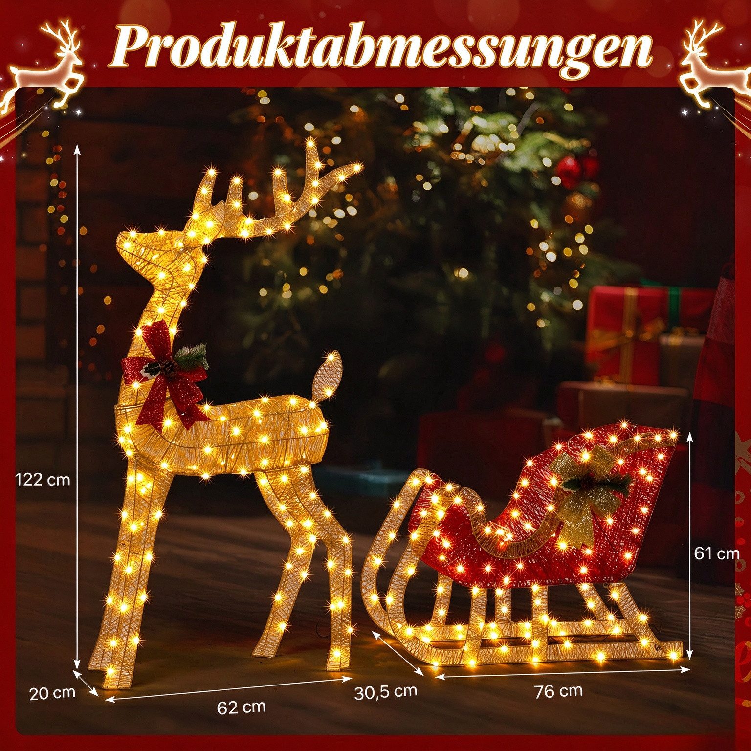 VINGLI LED-Dekofigur Leuchtendes Weihnachtsdeko, 3-teiliges Rentier-Familien-Set, Rentier mit Schlitten, 180 Warmweißen LED-Lichtern, Wetterfest, 120 cm – Bild 2 von 5