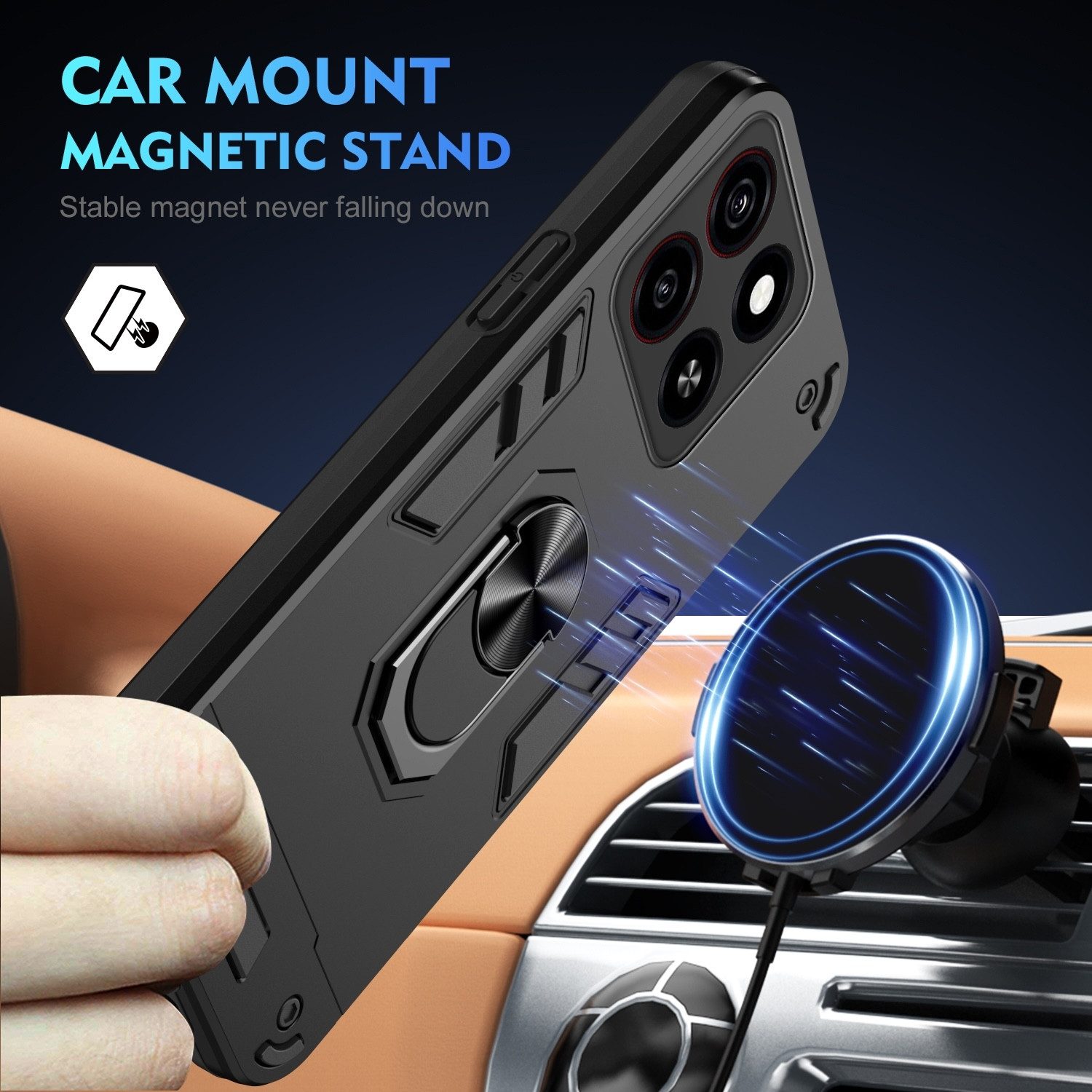 Wigento Handyhülle Für ZTE Blade A35 / A55 Armor Magnet Ring Schutz Handy Hülle Schwarz, Stoßfeste Hülle mit 360-Grad-Ringhalter