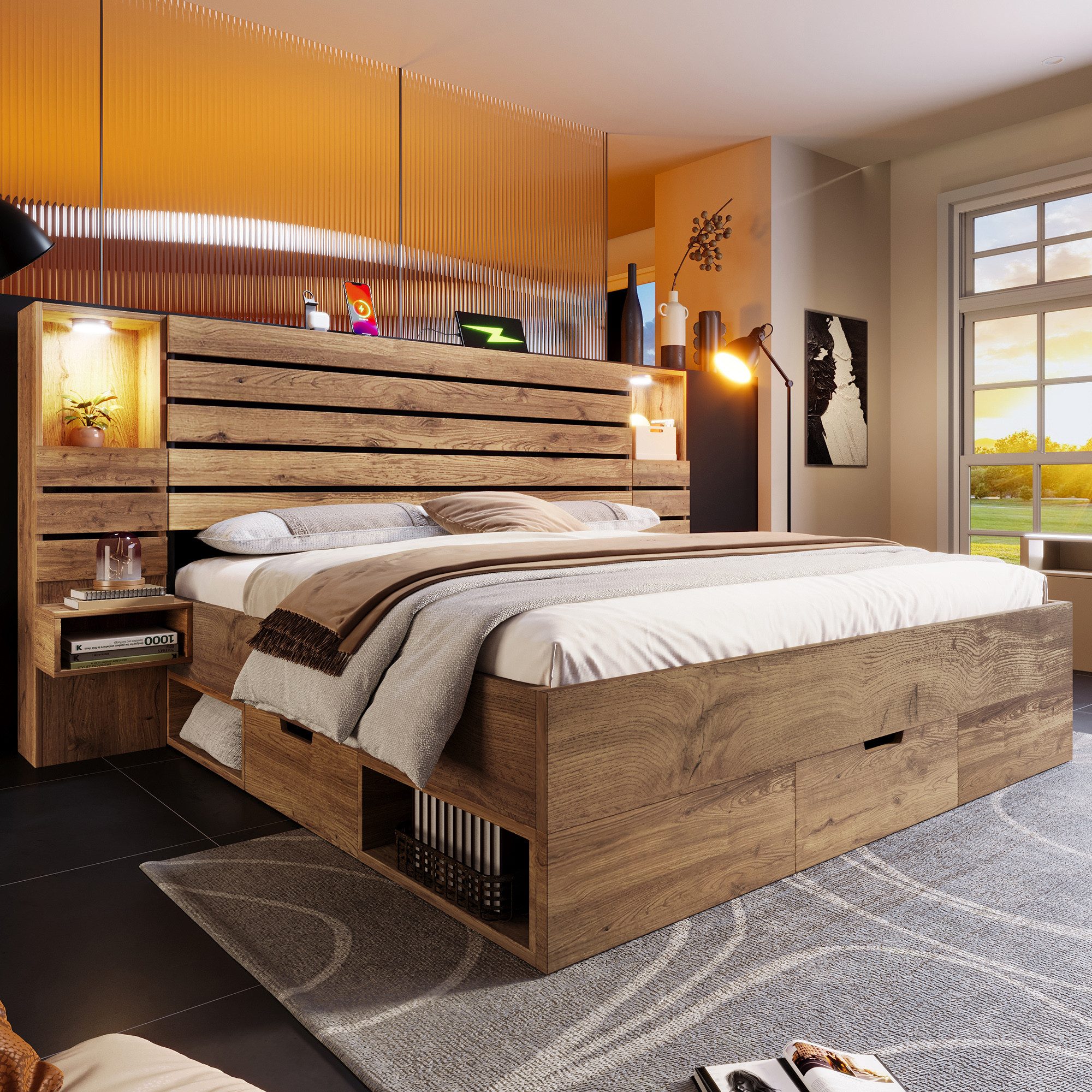 OKWISH Holzbett Bett 180x200 cm mit Stauraum und Downlights in Eichenoptik (2-tlg), mit 4 offenen Seitenfächern und 3 Schubladen (ohne Matratze)