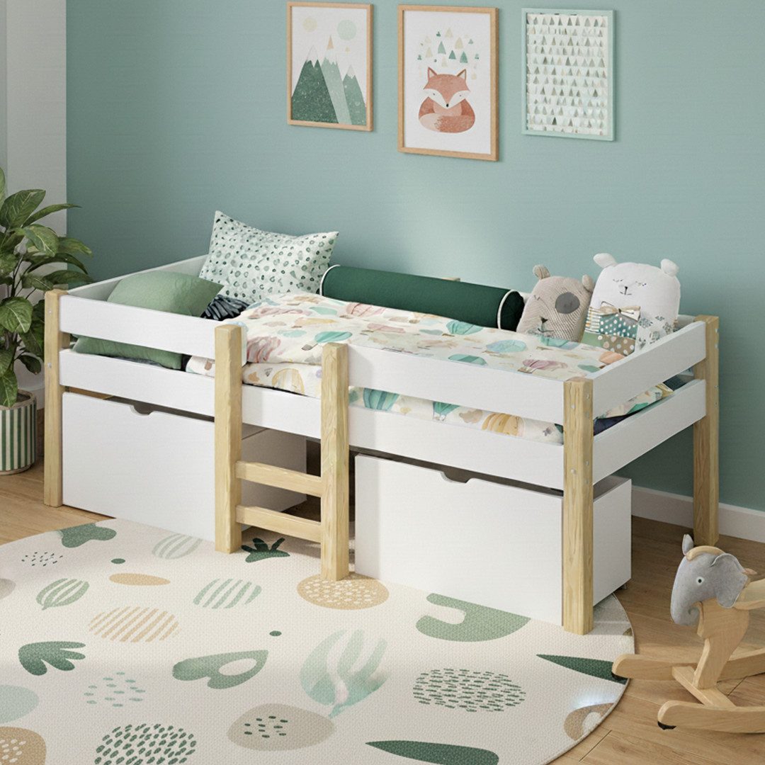 Bellabino Hochbett Aspy mit Rausfallschutz und Lattenrost 90x200 cm (natur günstig online kaufen