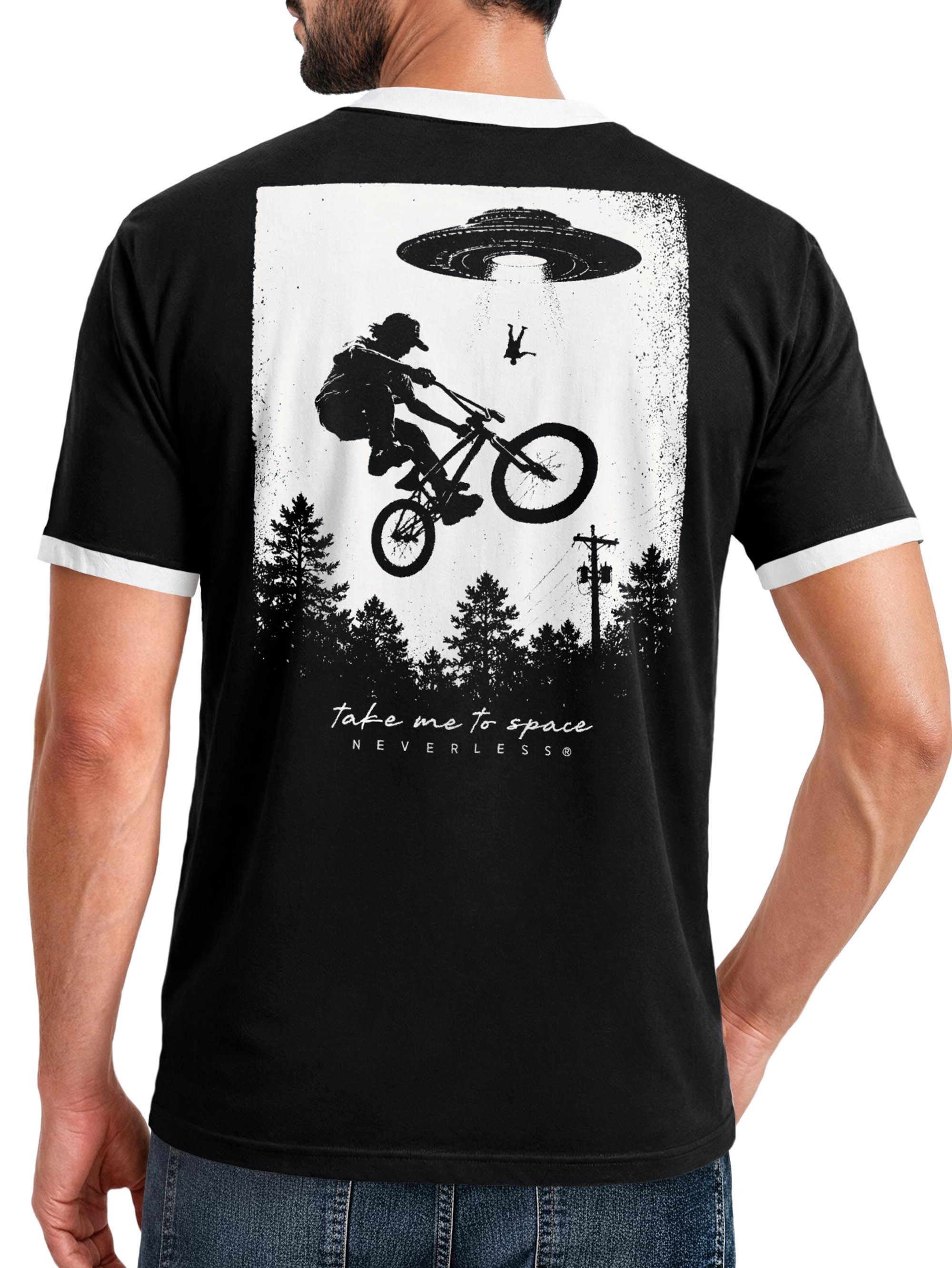 Print-Shirt Herren T-Shirt Retro Kontrastbund - Design BMX Ufo Space - Printshirt