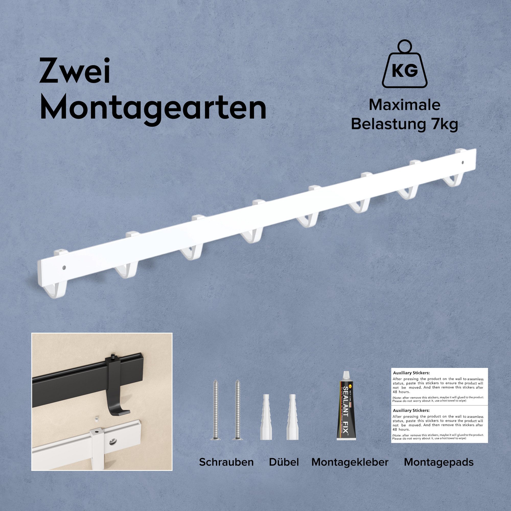 doporro Garderobenleiste Kleiderhaken 4/6/8 Verschiebbare Alu-Wandhaken selbstklebend Stalo-12 (6 St), 4 Verschiebbare Wandhaken aus Alu – Bild 4 von 5