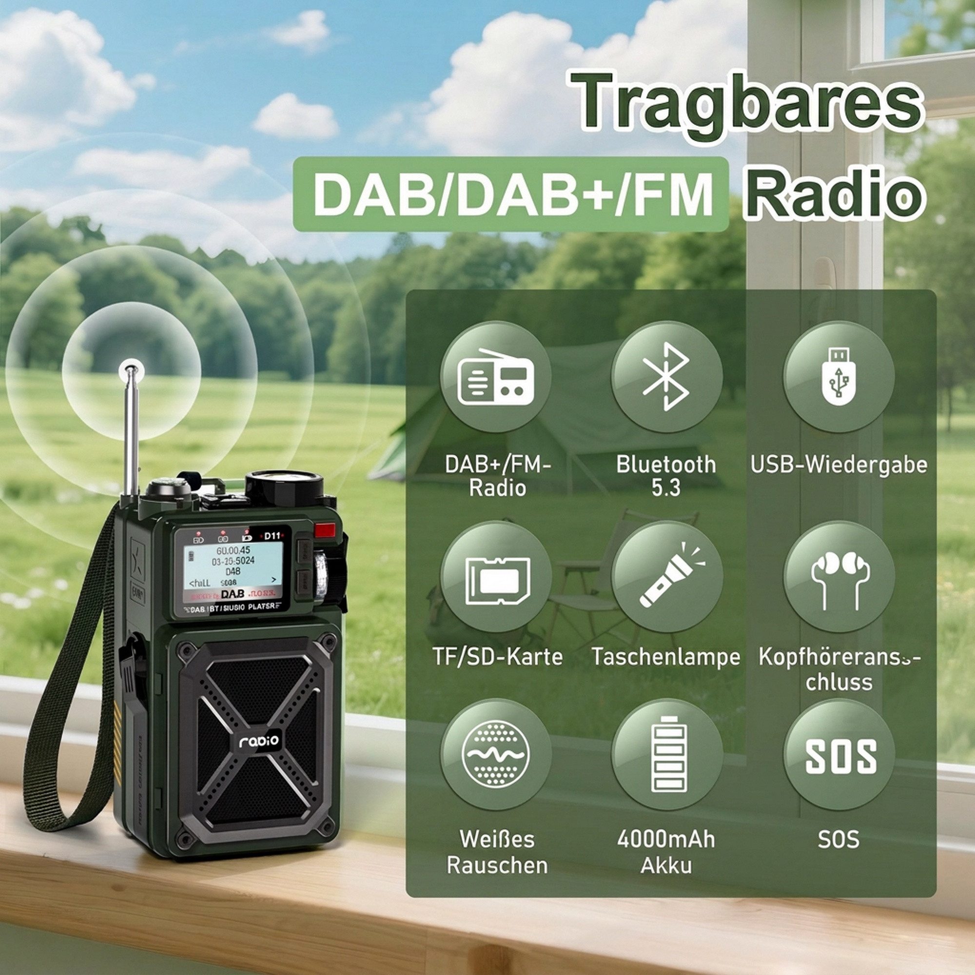 Greadio Tragbares DAB/DAB+ & FM Digitalradio, D11 Radio (FM-Empfang, Ein-Tasten-Scan, Sleep-Modus, 80 Senderspeicher, DAB/DAB+, 8 Weißrausch- und Naturgeräusche, 4000mAh Akku, Bluetooth 5.3, Weißrausch, SOS & Grün)