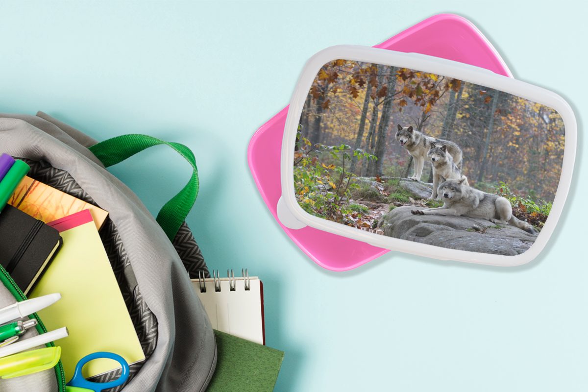 für MuchoWow Brotbox Lunchbox Herbst Kinder, Snackbox, Brotdose (2-tlg), Kunststoff, Mädchen, - Wald, rosa Erwachsene, Wolf - Kunststoff