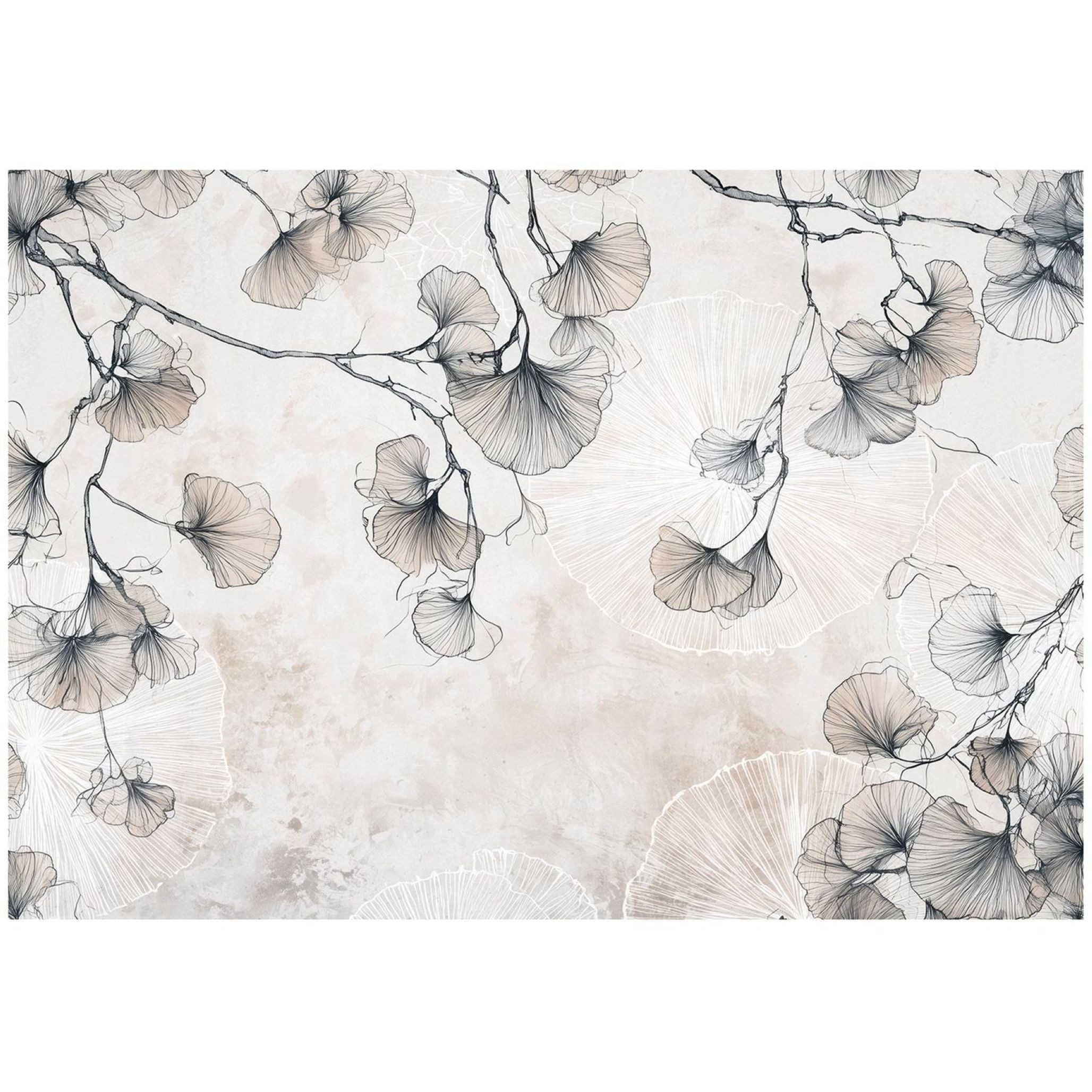 Wallarena Fototapete Ginkgo-Blätter in Grau aus Vlies für Wohnzimmer, glatt, floral, Betonoptik, (2 St), für Schlafzimmer 254x184cm