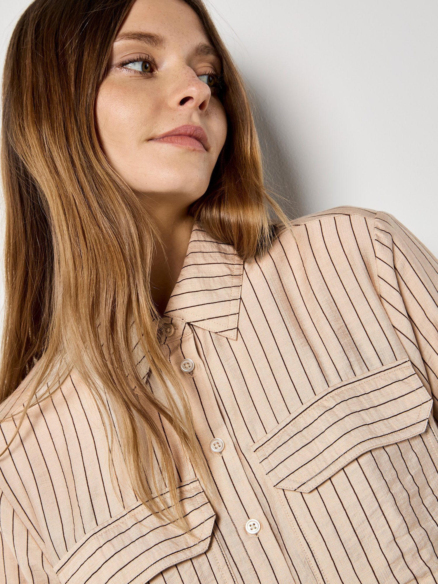 Apricot Blusenshirt Boxy-Shirt mit Nadelstreifen mit Knopfleiste