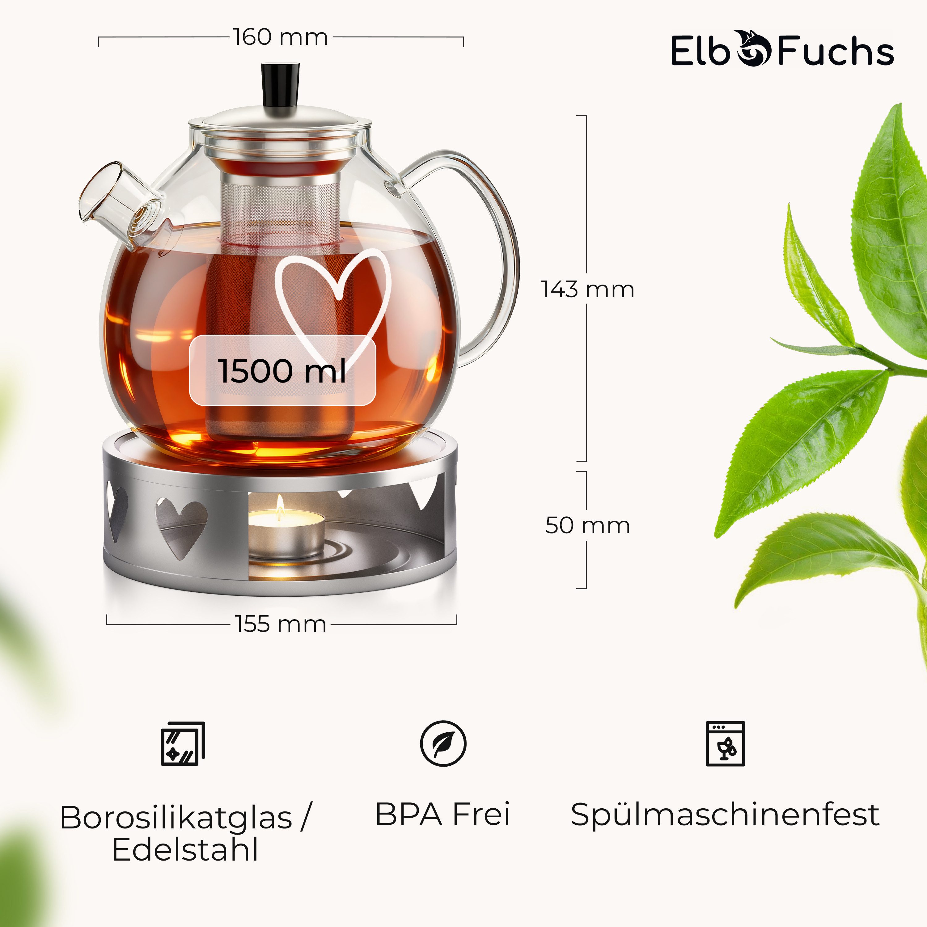 ElbFuchs Teekanne mit Siebeinsatz und Stövchen, 1,5 l, (Set), herausnehmbarer Edelstahl-Filter, tropffreier Ausguss