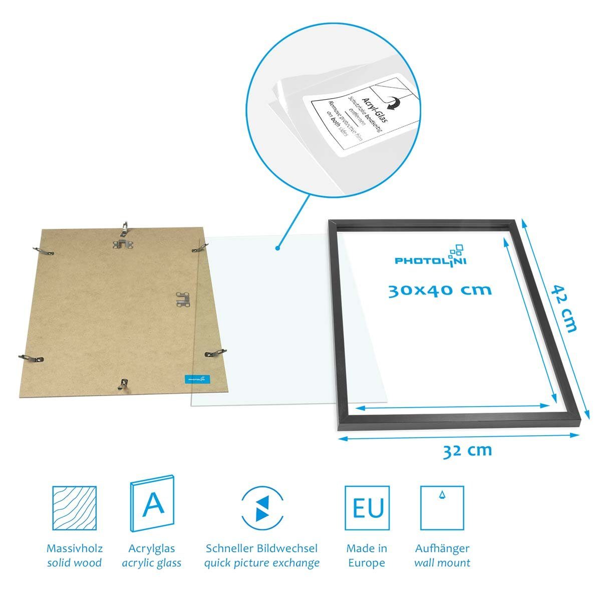 PHOTOLINI Bilderrahmen 17er Set Echtholz-Rahmen schmal, mit Acrylglas, 10x15 bis 30x40 cm, für 17 Bilder (17er Set)