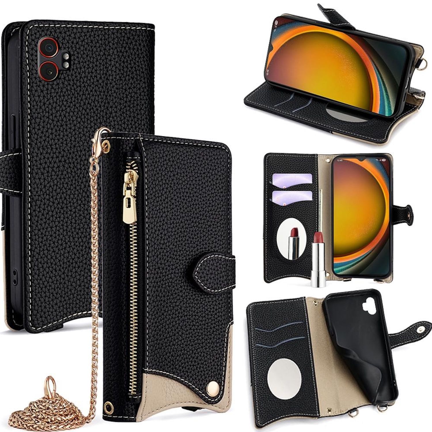 Wigento Handyhülle Für Samsung Galaxy XCover 7 Pro Crossbody Kunstleder Tasche Schwarz, Wallet Case mit Spiegel, Kartenfächern und Umhängekette
