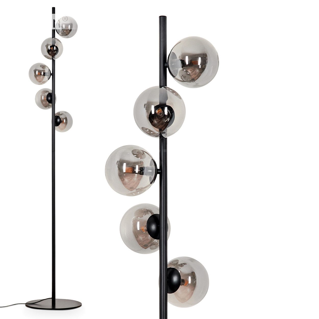 Stehlampe Stehlampe aus Metall/Glas in Schwarz/Rauchfarben