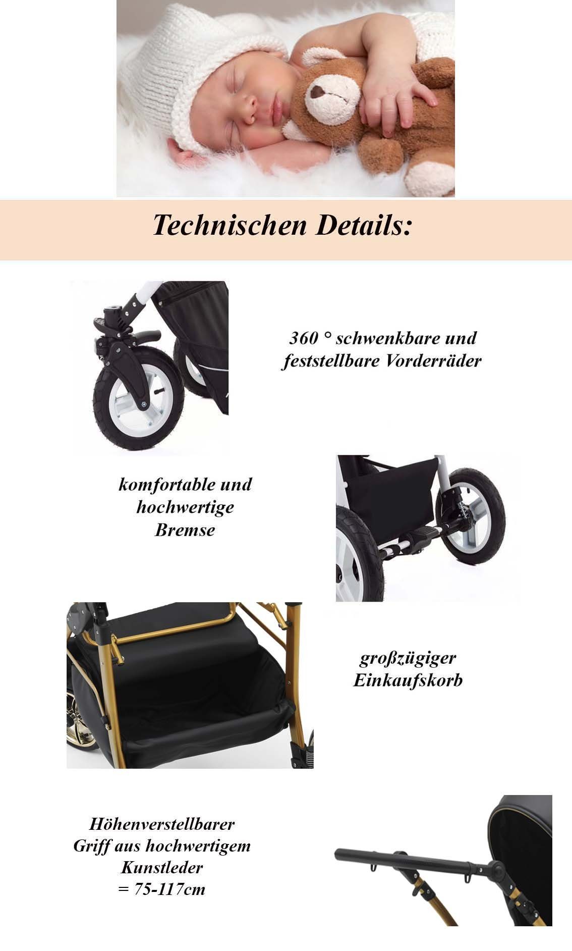 Teile babies-on-wheels - Farben Kinderwagen-Set 1 Kombi-Kinderwagen Grau-Schwarz-Weiß - Cosmo in Gold in 16 ECO 46 3