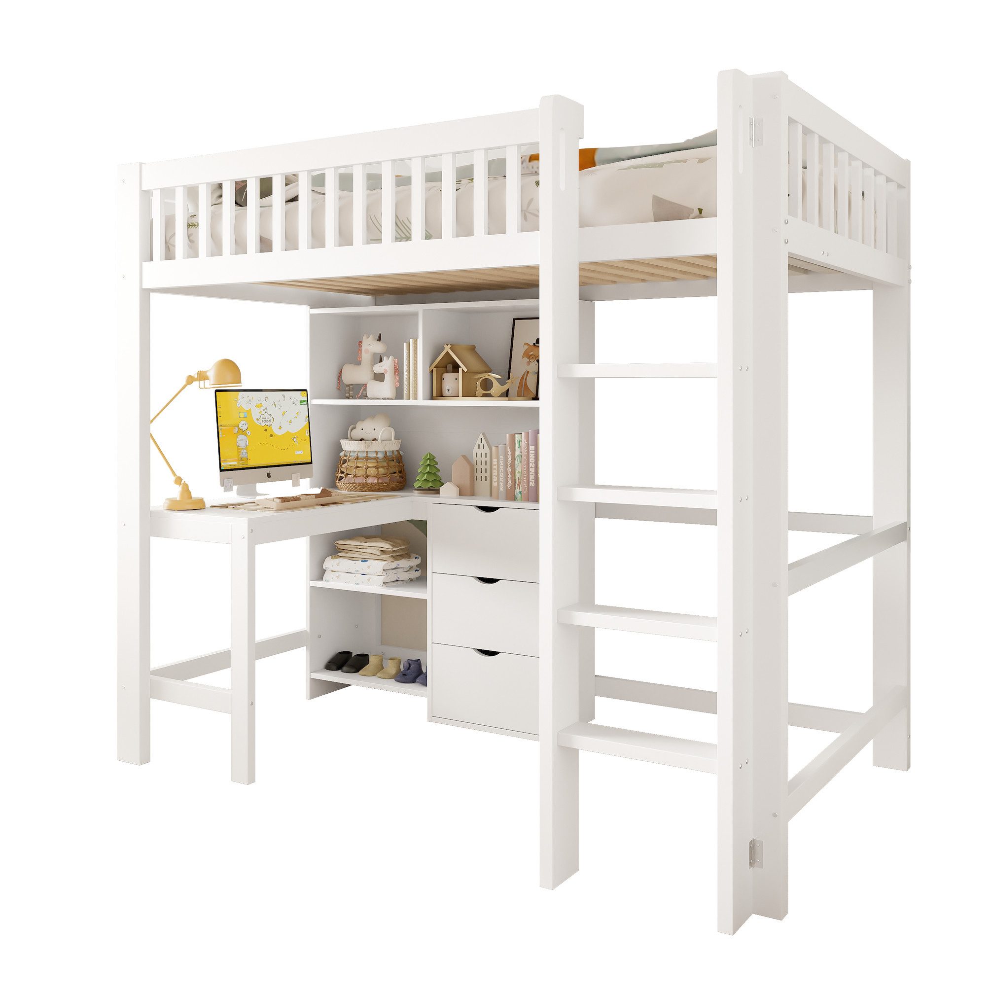 SOFTWEARY Hochbett mit Schreibtisch und Regal (90x200 cm, inkl. Schubladen günstig online kaufen