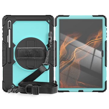 Wigento Tablet-Hülle Für Samsung Galaxy Tab S8 Ultra aufstellbare Outdoor Hybrid Hülle Hell Blau 360 Grad mit Trage Gurt Tablet Tasche Cover Case Schutz