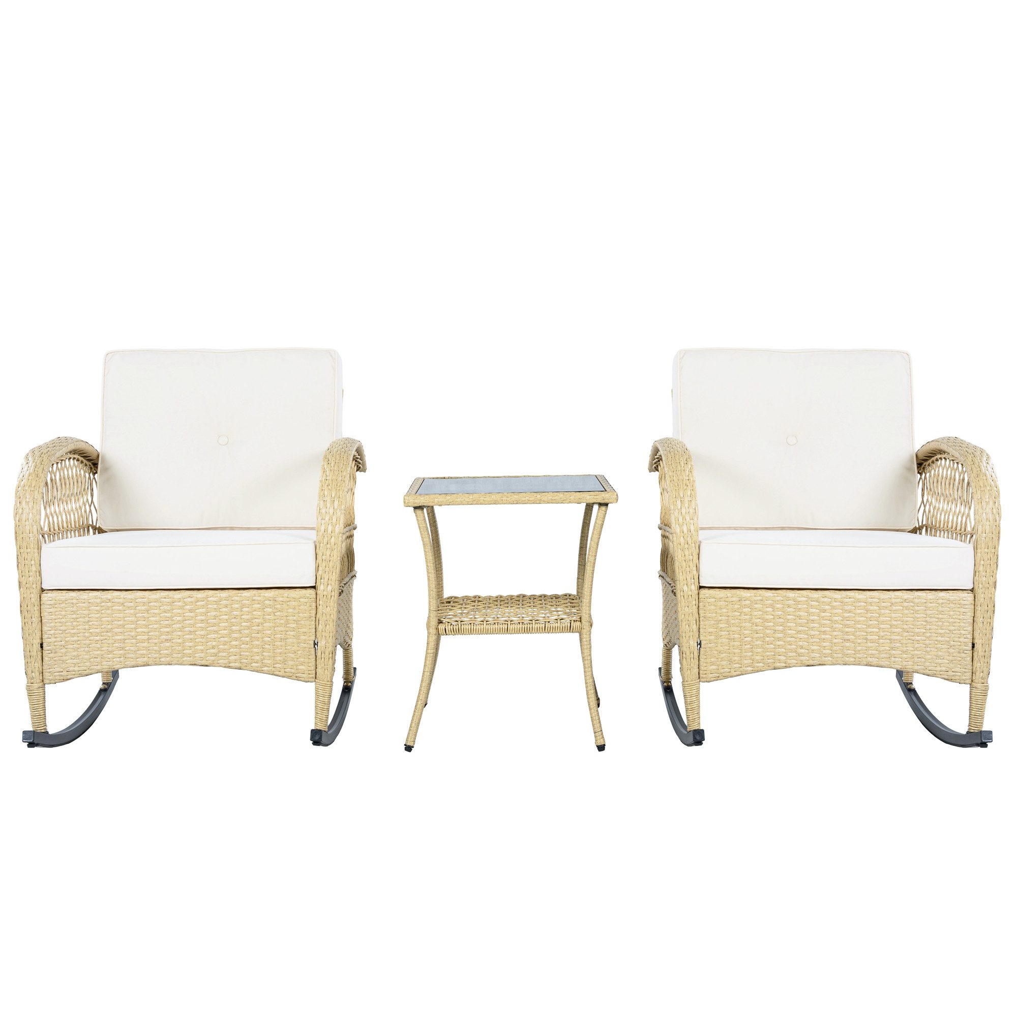 BlingBin Gartenlounge-Set 3er Set Garten-Loungestuhl-Set, Gartenmöbel-Set, Rattan Balkonset, (2 Sessel und 1 Couchtisch, 3-tlg., Produktladung: 160kg, Füllung: Seidenbaumwolle, Schwamm), Akazienplatte mit Grauen Kissen, Verzinktes Eisen, Beige