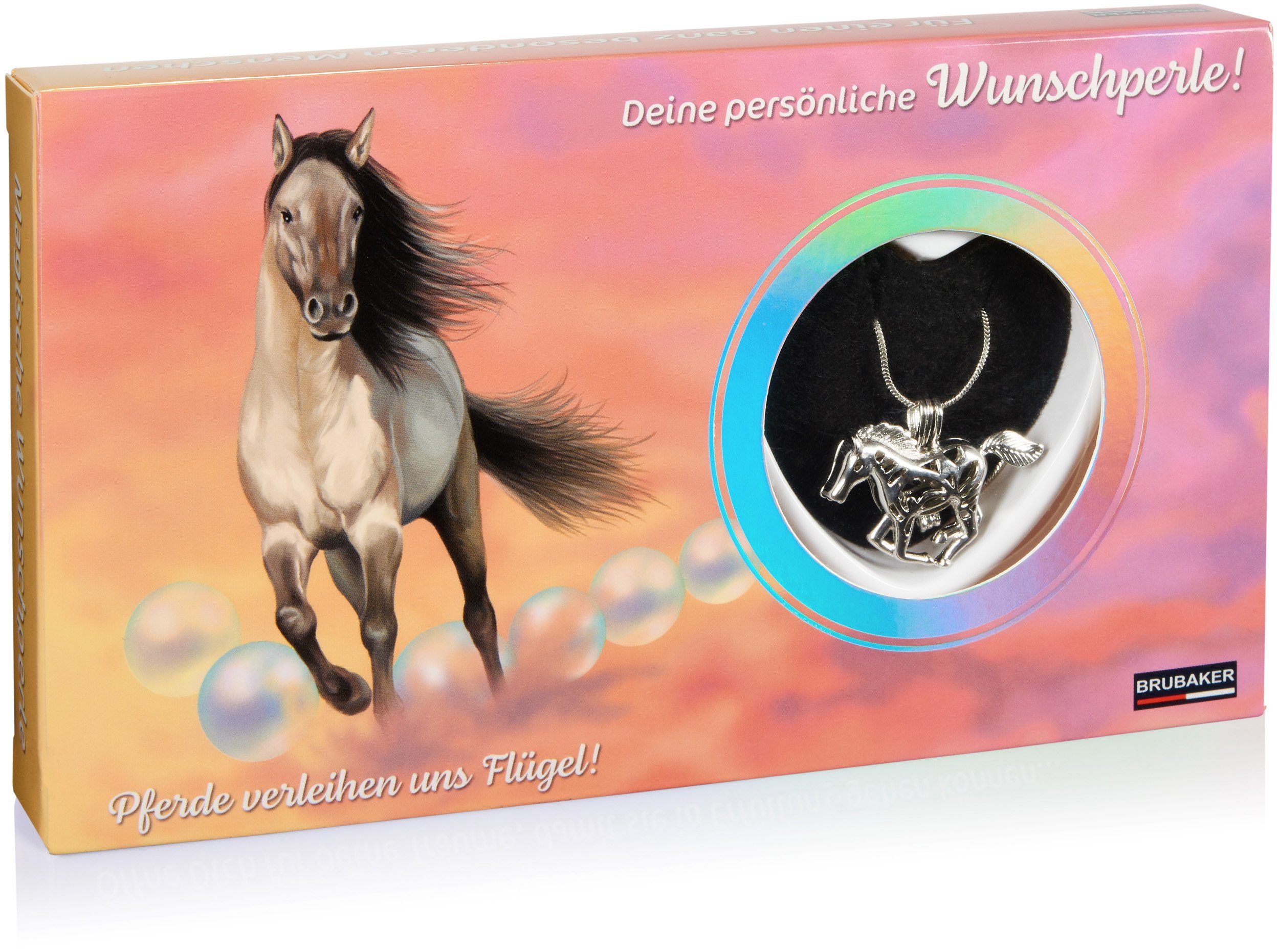 BRUBAKER Perlenketten-Set Deine Persönliche Wunschperle - Pferde (Muschel mit echter Perle als Schmuck Geschenkset für die Reiter und Reiterinnen, Set), Halskette mit Silber Pferde-Anhänger