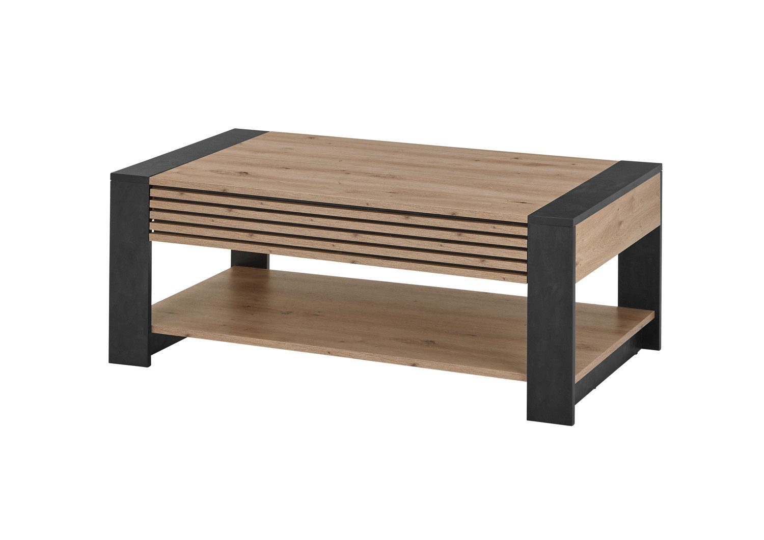 moebel-dich-auf Couchtisch LETIZIA (Artisan Eiche Dekor mit aufgesetzten Stäbchen, Absetzung schwarz Dekor, inkl. Schubkasten), MDF Front mit aufgesetzten Stäbchen