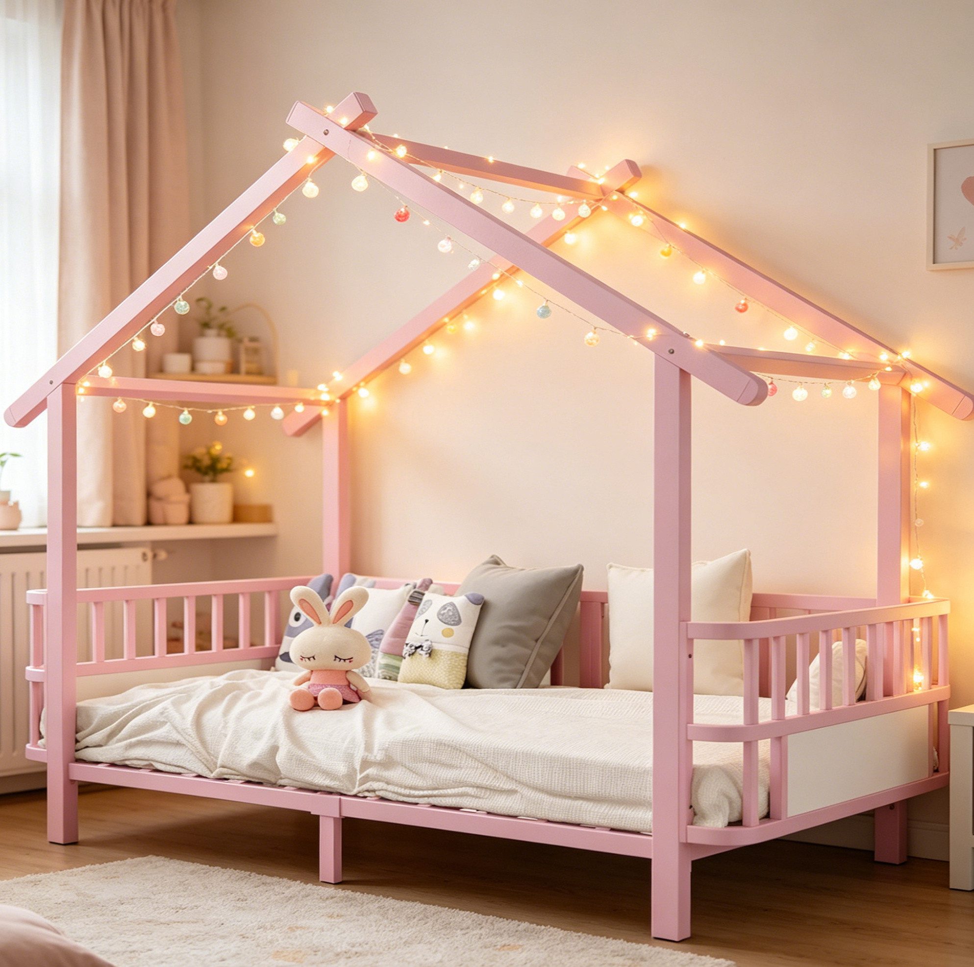 MODFU Kinderbett Hausförmiges Funktionsbett aus Metall mit Dachdesign (mit Sicherheitsgitter und dekorativem Rahmen 90x200 cm, modernes Jugendbett Metallbett), Inklusive Matratze