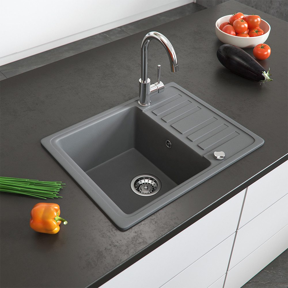 Bergstroem Granitspüle, Grau, 58 x 46 cm mit Trockenplatz, Rechteckig, 57.5/46 cm, beidseitig montierbar