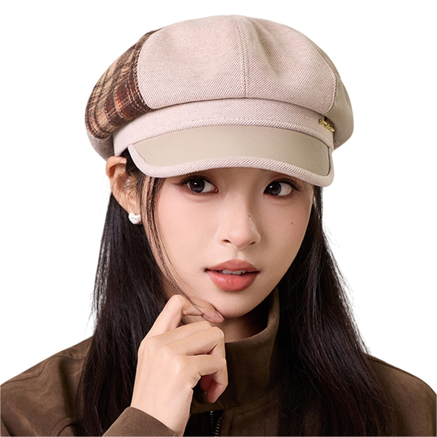 Refttenw Baskenmütze Damen Beret verstellbar - Stylische Farbkombi & Metall-Detail 56-58cm