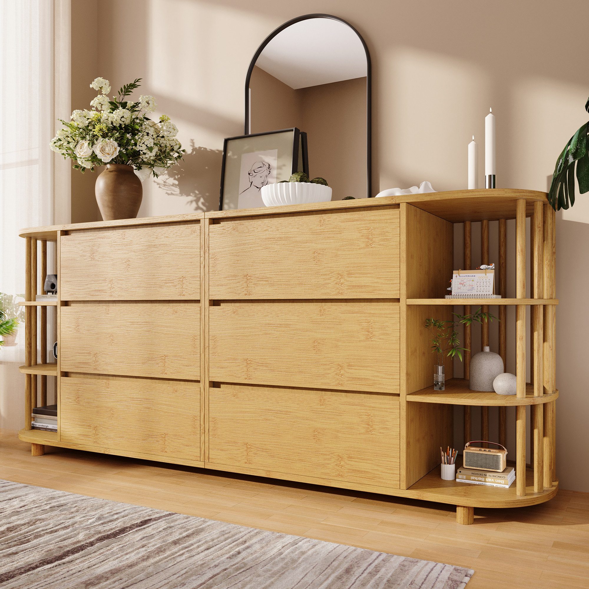 Odikalo Kommode Sideboard mit Bambus-Regalen & Säulen Natur (Kommode Sideboard 160cm Eiche, Römisches Design mit Säulen & Bambus-Regalen, 6 Schubladen & offene Regale, Höhenverstellbare Füße, H75/B160/T40 cm)