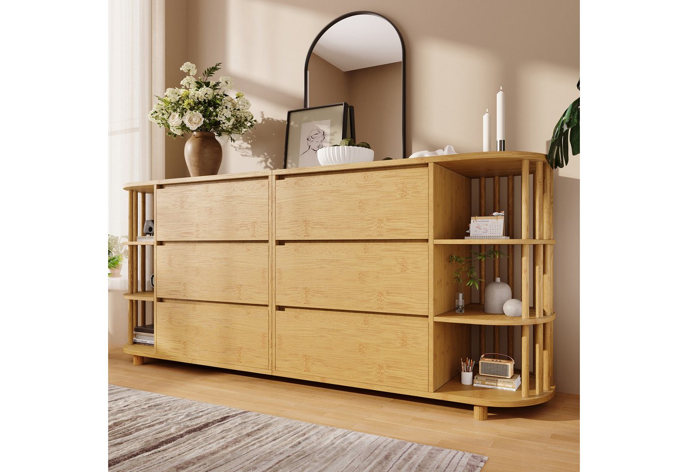 Odikalo Kommode Sideboard mit Bambus-Regalen & Säulen Natur (Kommode Sideboard 160cm Eiche, Römisches Design mit Säulen & Bambus-Regalen, 6 Schubladen & offene Regale, Höhenverstellbare Füße, H75/B160/T40 cm)
