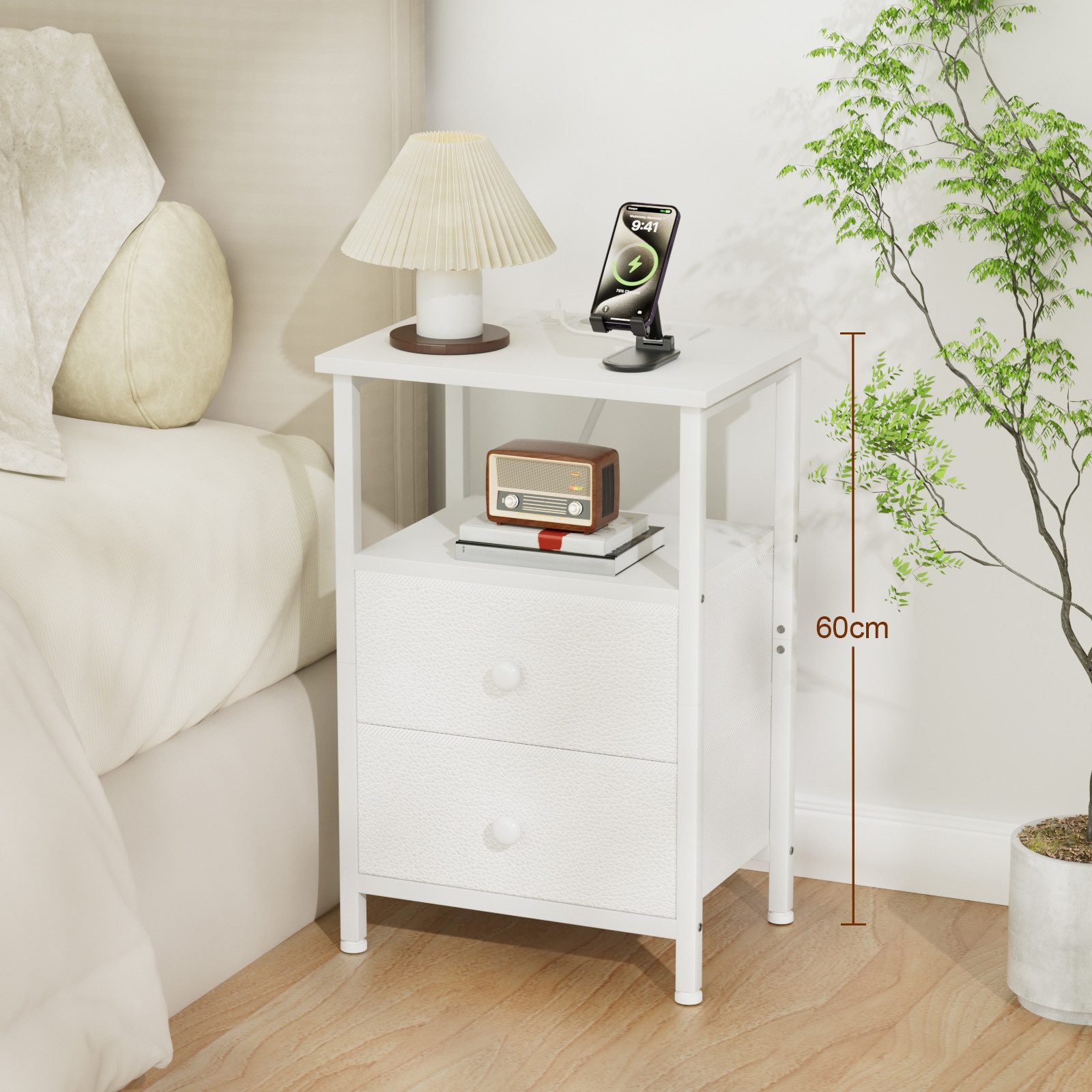 AMHANCIBLE Nachttisch mit Ladefunktion und zwei Schubladen, 2 USB-Anschlüsse, 40 x 30 x 60cm (1-St), ideal für Schlaf- und Wohnzimmer