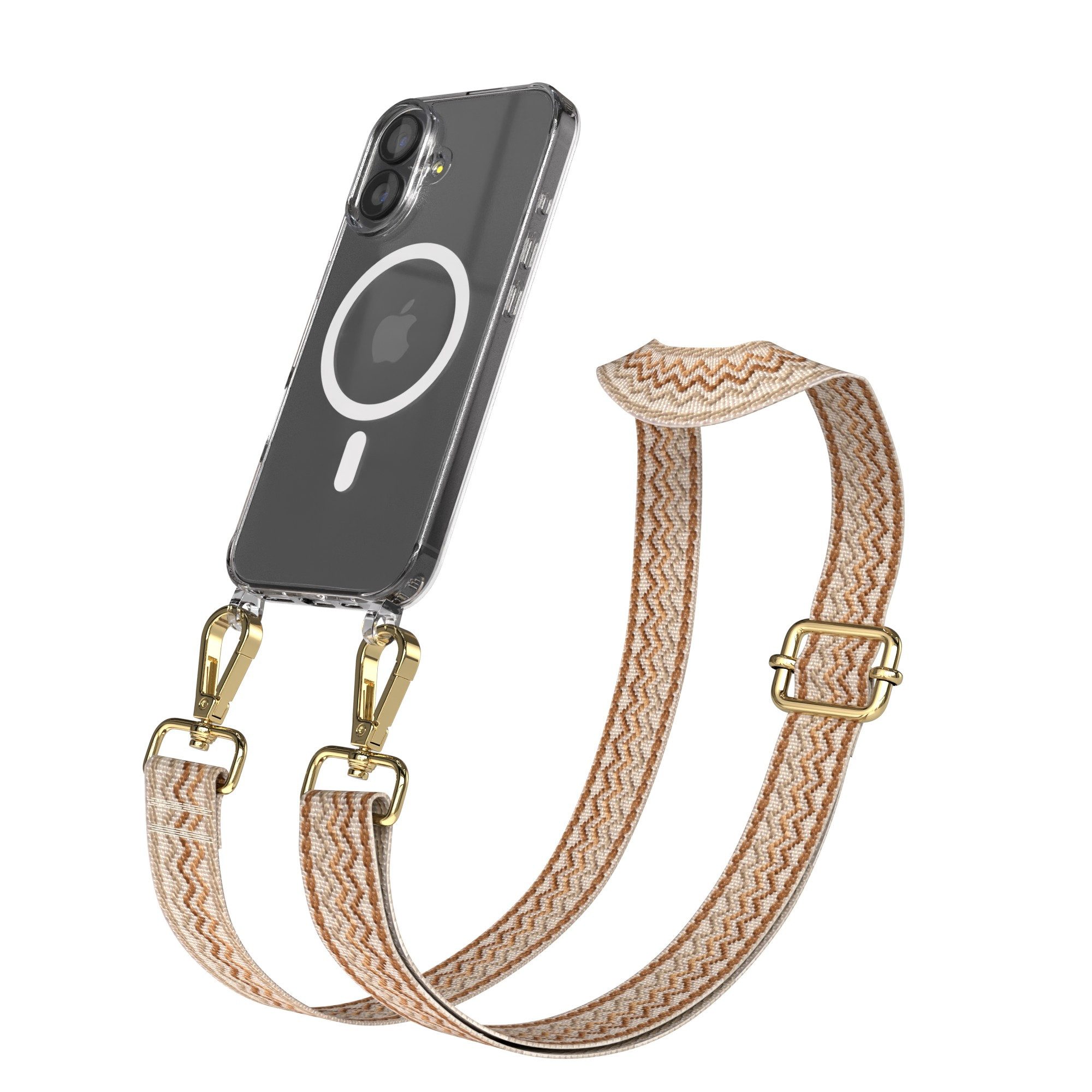 EAZY CASE Handykette Umhängeband MagSafe Hülle für Apple iPhone 17 6,3 Zoll, Cross Bag Handytaschenband Wave klare Hülle Silicon 2in1 Beige