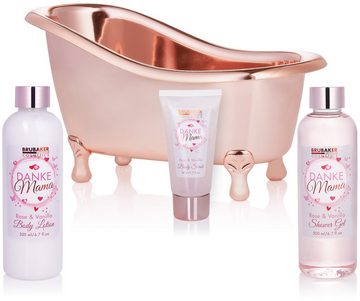 BRUBAKER Hautreinigungs-Set "Danke Mama" Dusch- und Badeset, 8-tlg., Mutter Beauty Geschenkset in dekorativer Wanne, Muttertagsgeschenk Wellness Pflegeset mit Rosen Vanille Duft, Geschenk für Mama