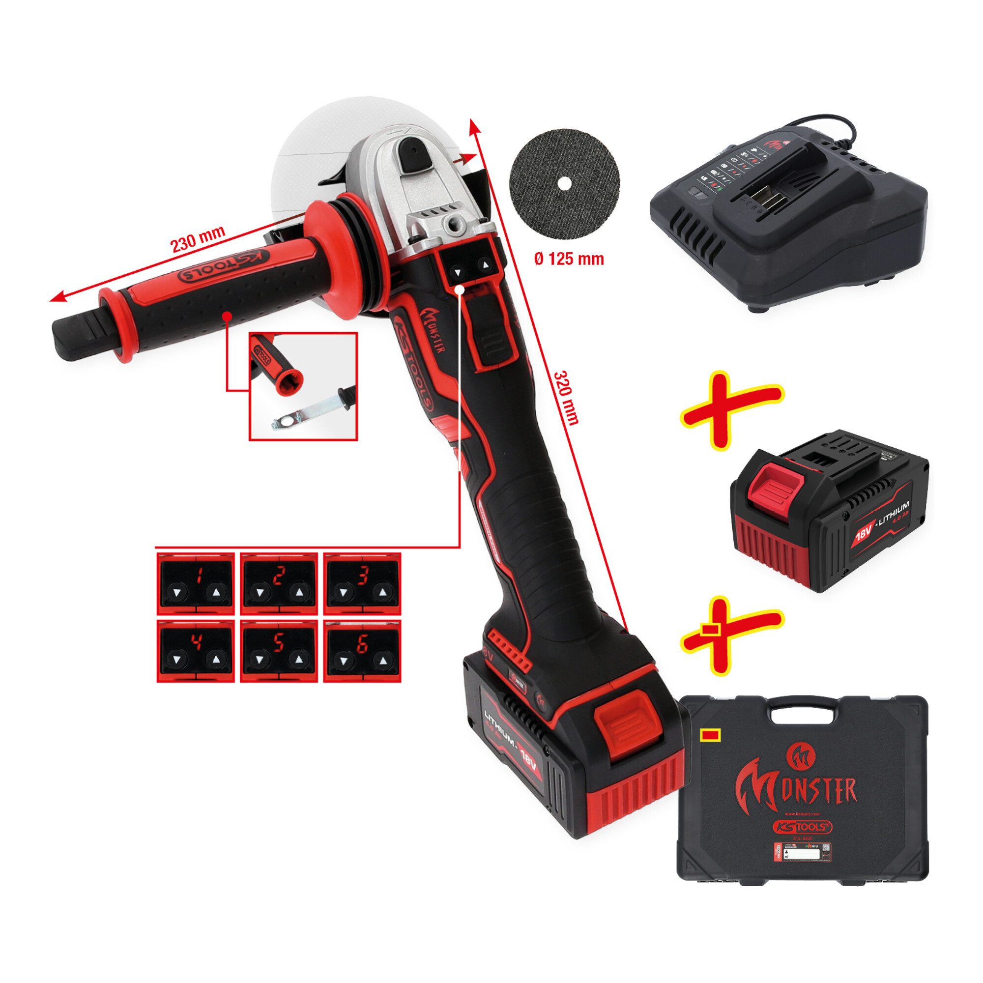 KS Tools Akku-Winkelschleifer KS Tools eMONSTER Brushless-Akku-Winkelschleifer-Satz, 4-tlg