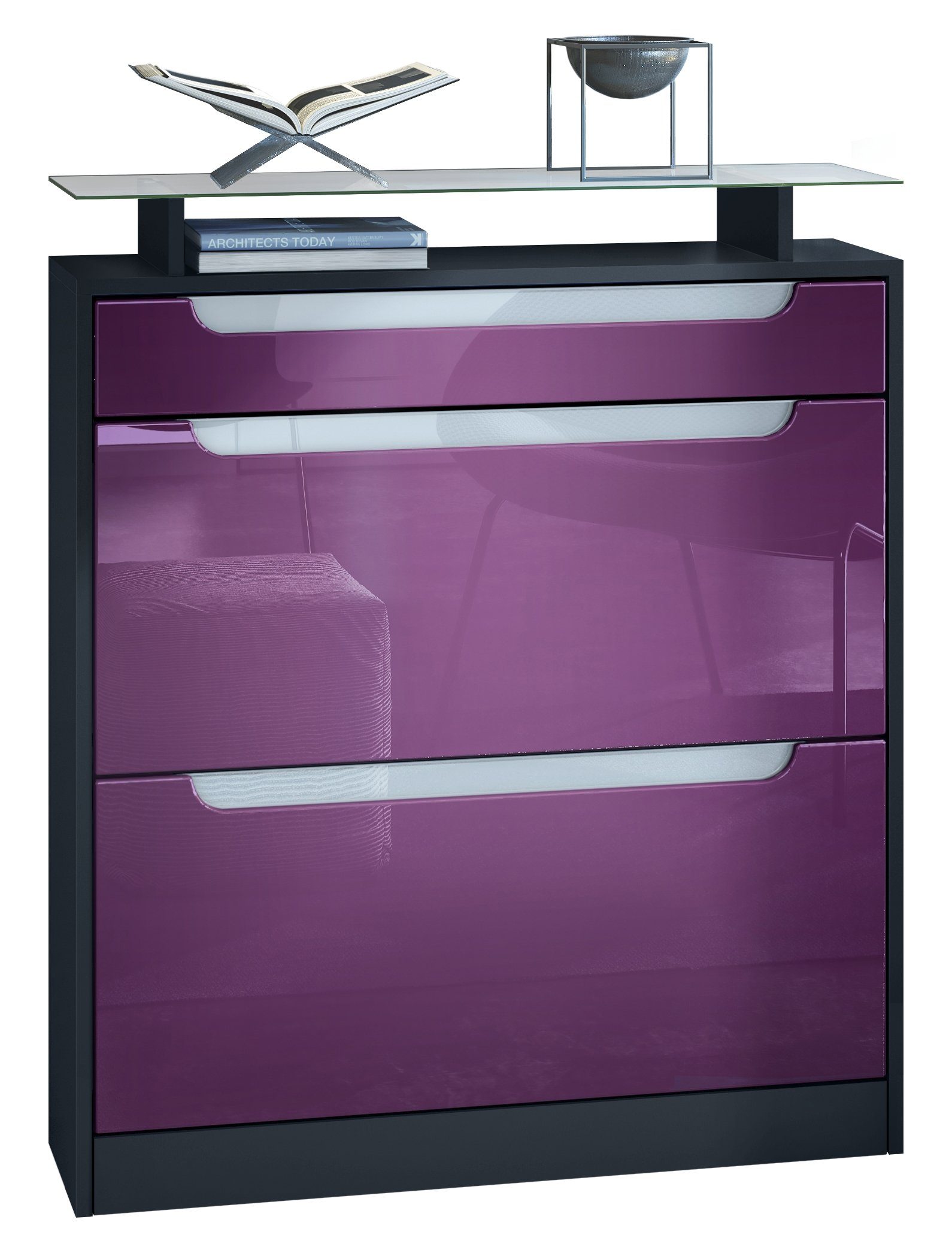 Vladon Schuhschrank Fiesta (Schuhkipper für 16 Paar Schuhe, mit 2 Klappen, Schublade und Glasablage) Schwarz matt/Brombeer glänzend, Mulden in Weiß glänzend (89x104x23 cm)
